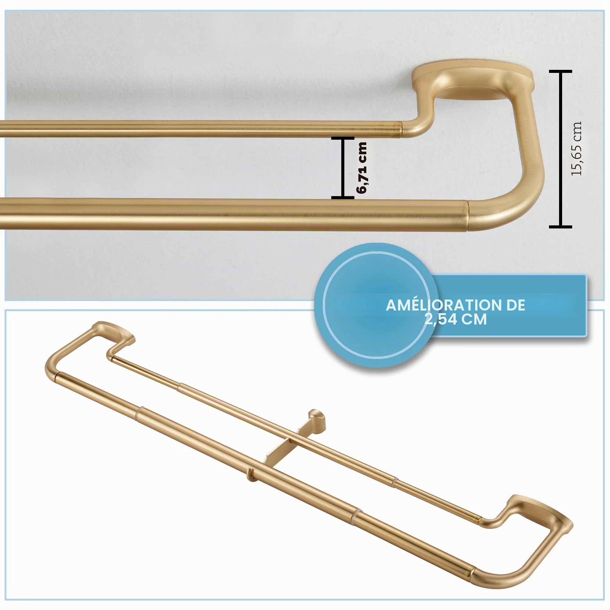 Tringle à rideaux double réglable pour fenêtres, épissure interne de 2,5 cm avant et 1,6 cm arrière avec embouts et supports en aluminium (laiton, 71,1 à 304,8 cm)