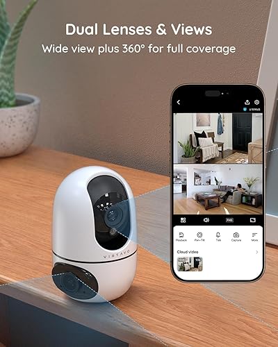 Miniatura 2 de virtavo Cámara WiFi de seguridad XD1 para interiores, no requiere suscripción, monitor de bebé PTZ de doble lente de 360 y cámara para mascotas,
