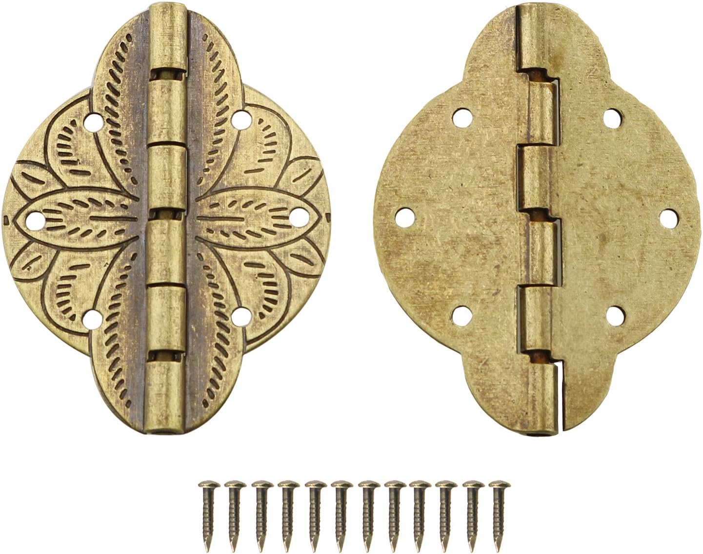 HJ Garden 2PCS Antique Brass Small Hinges Furniture Cabinet Drawer Door Jewelry Box Gift Box Copper Embossing Hinge, 43x31mm
