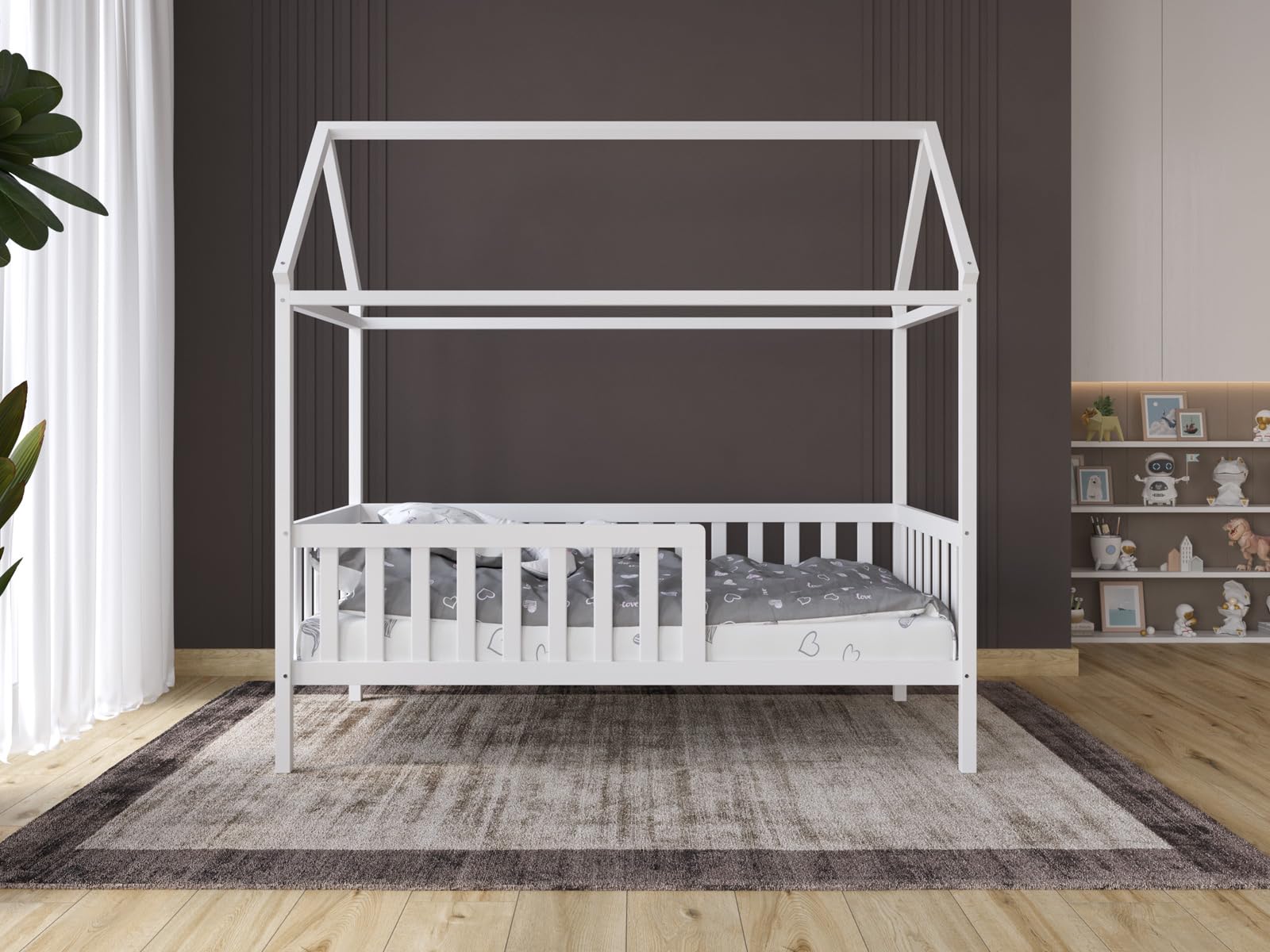 Love For Sleep Cuna Convertible en Cama 160x80cm Cama con Forma De Casa, Estructura De Cama Infantil, Cama Acogedora para Niños Pino JUNBED Juego Completo de Cuna - Cuna Cama Bebe Convertible
