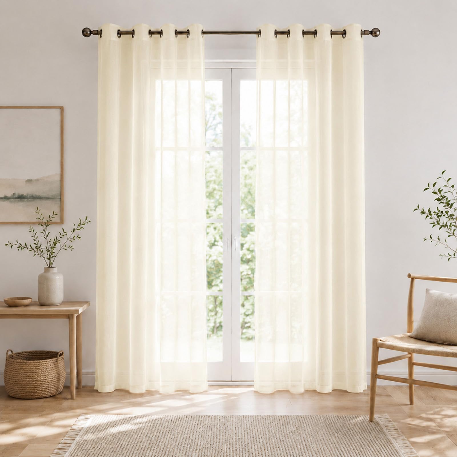 Sswh Beige Voile Curtains Semi Sheer Net Curtains For Windows, Solid Color Light Filtering Eyelet Panels For Living Room Bedroom Kitcken(Size:100x130cm/W 39" X L 51" (2 Panels),Color:beige)