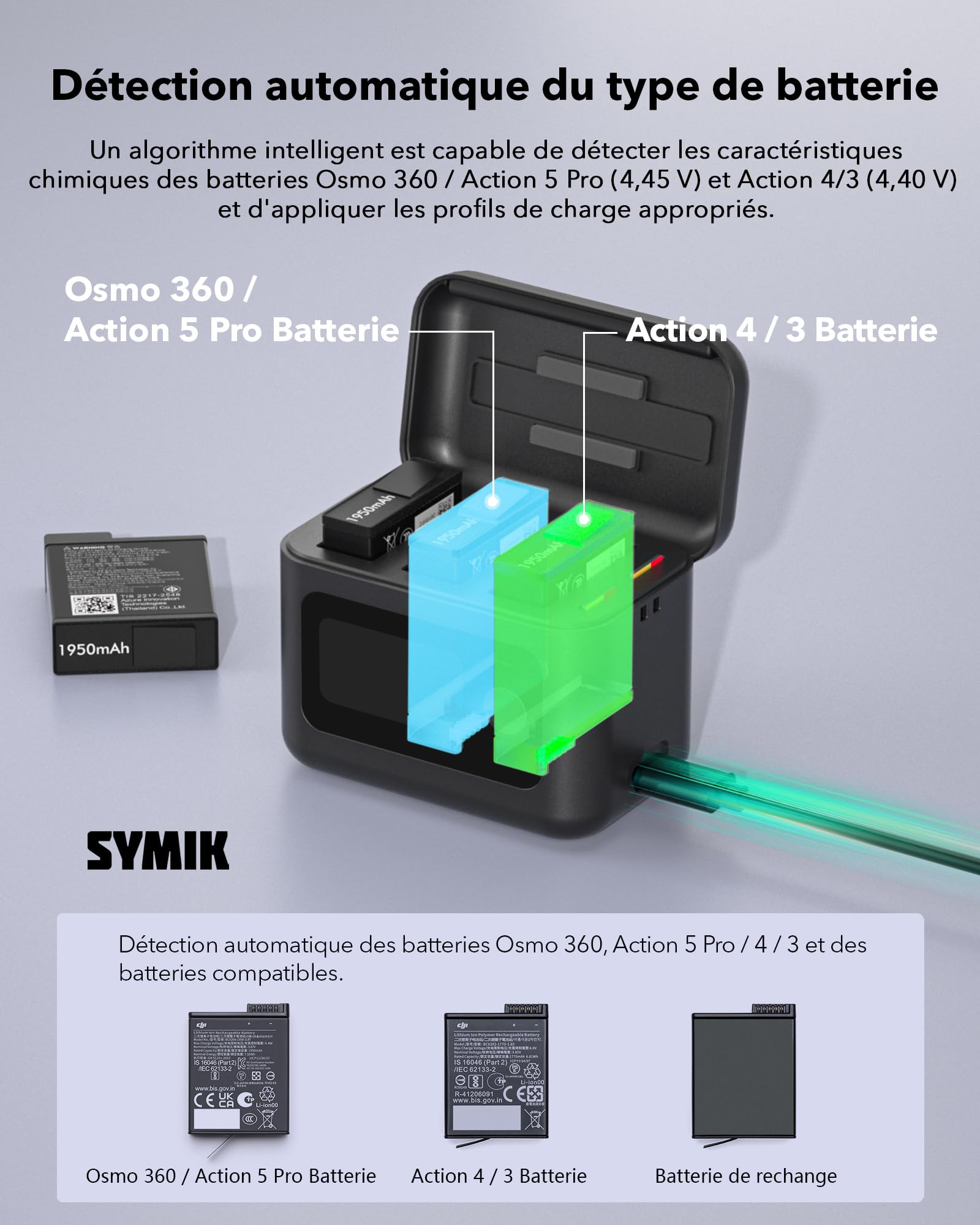 SYMIK Chargeur de Batterie pour DJI Osmo 360 / Action 6 / Action 5 Pro /4/3 | 27 W Triple Slots PD Boîtier de charge rapide, Hub de chargeur intelligent LCD bidirectionnel pour batterie DJI Osmo Action