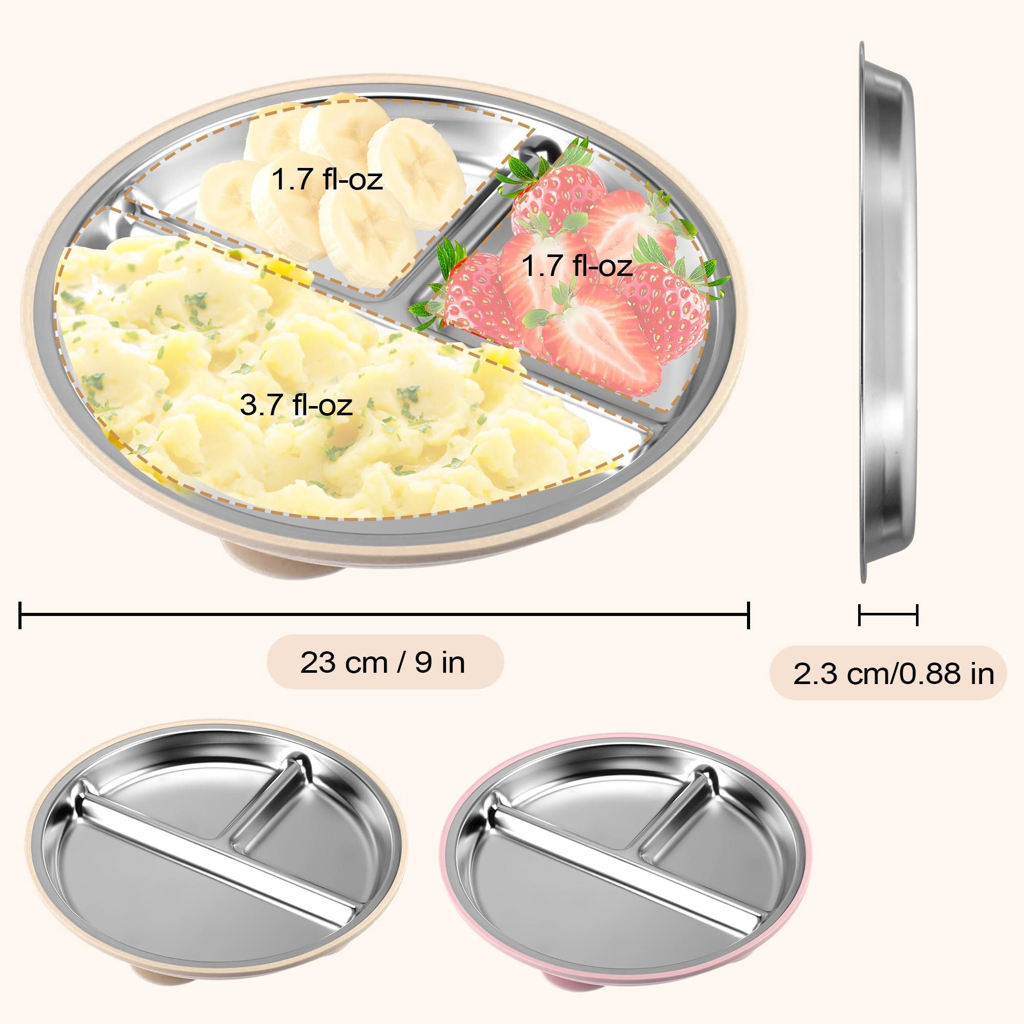 2 piatti per bambini in acciaio inox con ventosa, 22 cm, piatti per bambini con ventosa, senza BPA e con silicone rimovibile, piatti per bambini con suddivisione in acciaio inox antiscivolo