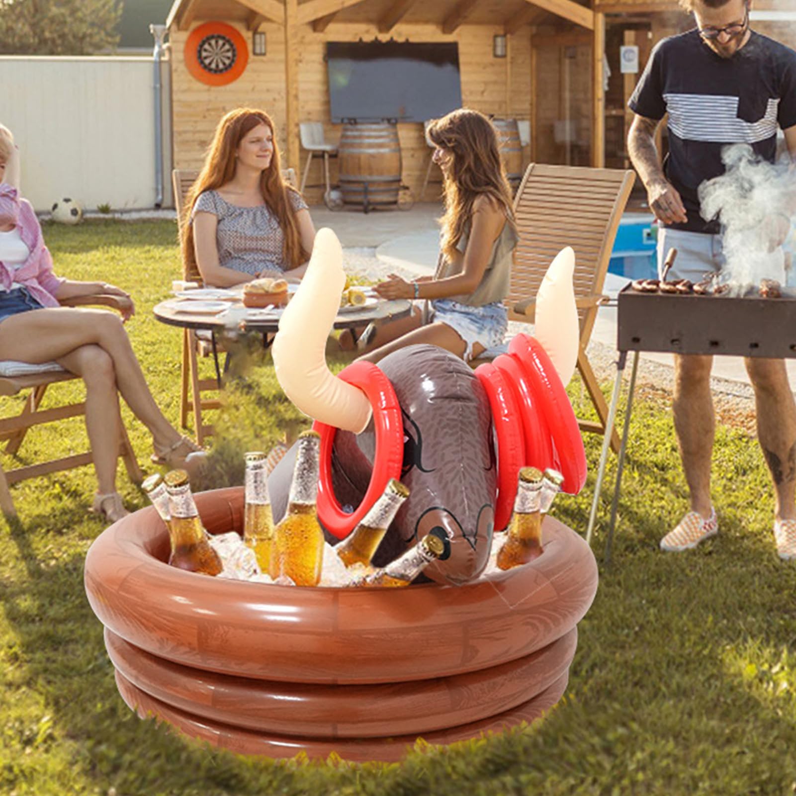 Inflatable Cooler, pływające napoje chłodzące, 29,9 x 29,9 x 25,9 byk w kształcie piwa materiały imprezowe, piknikowy uchwyt na napoje na plażę, basen i letnie imprezy