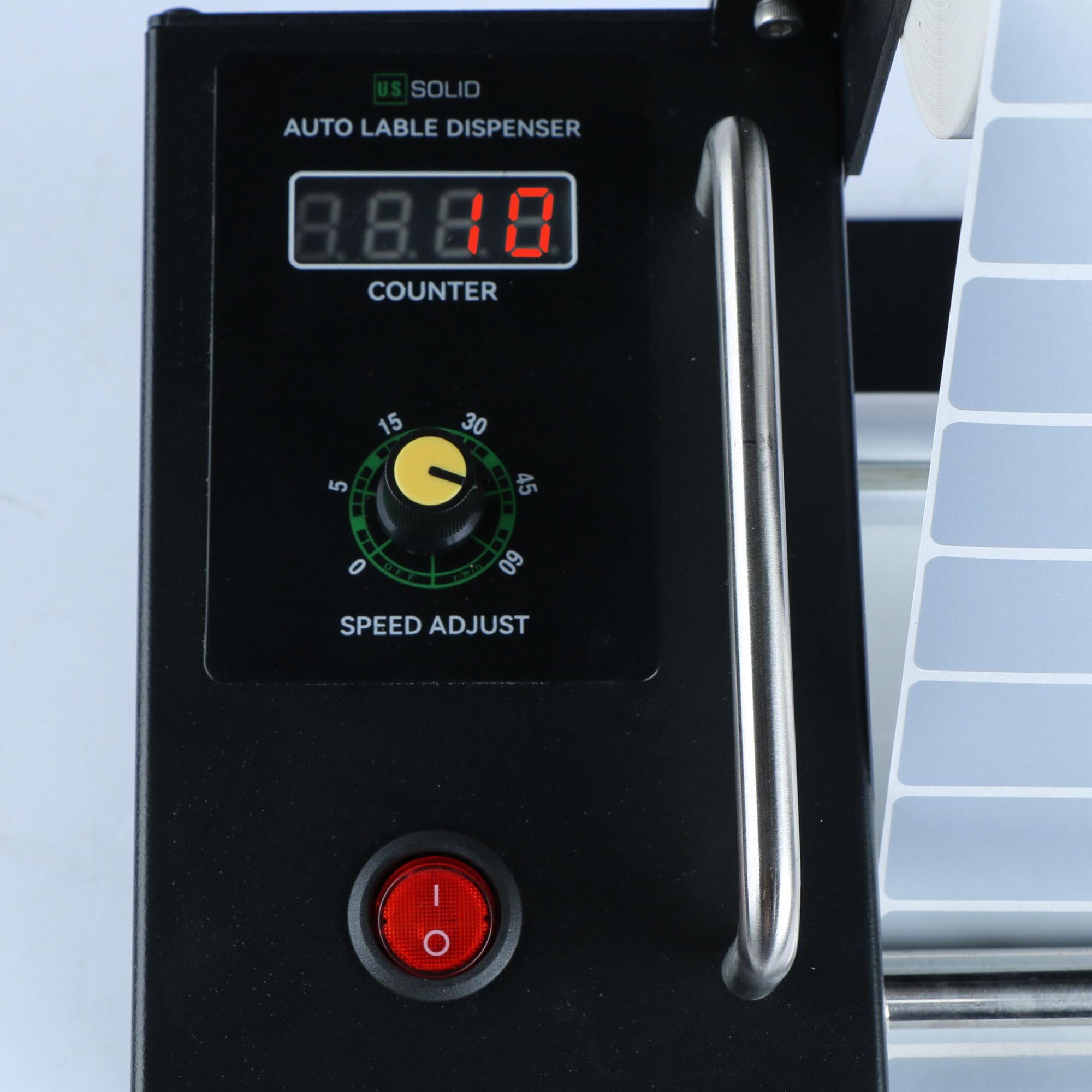 U.S. Solid Distributore automatico di etichette con contatore – Velocità regolabile, larghezza 10–115 mm, lunghezza 8–130 mm, per etichette trasparenti e opache