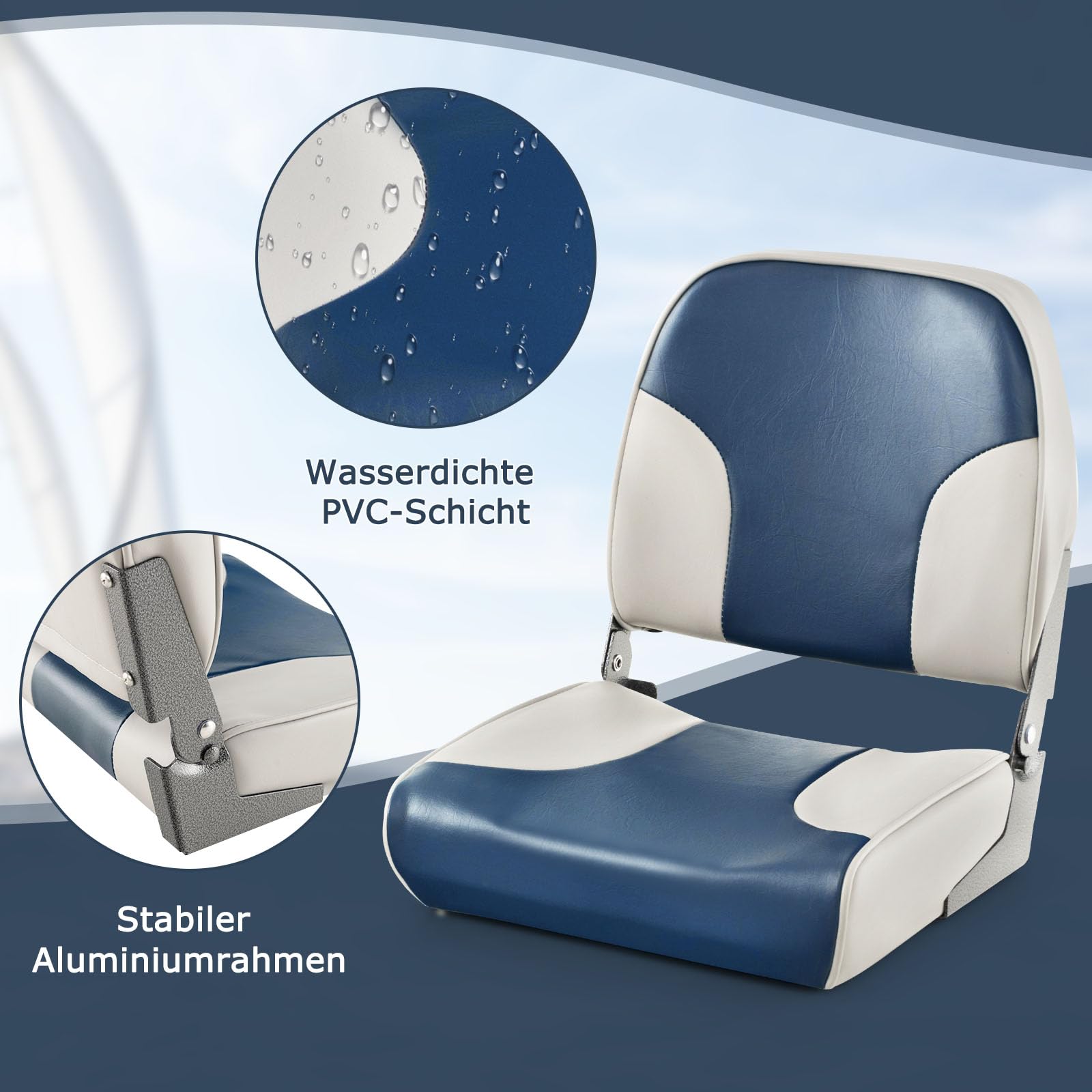 GYMAX Juego de 2 Sillas Plegables y Acolchadas, 41 x 49 x 47 cm, Asiento Plegable para Barcos (Azul + Gris)