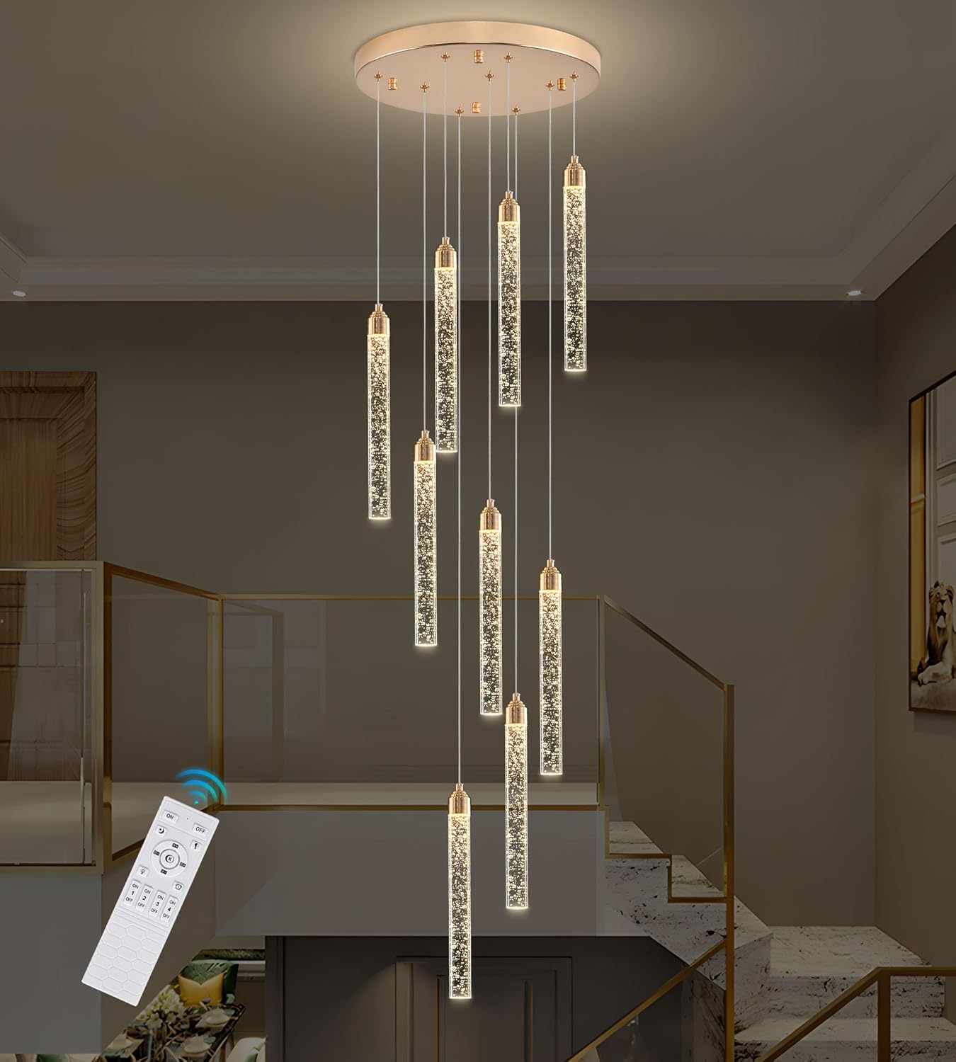 Crystal Staircase Chandelier, Modern Gold Spiral Dimmable LED Cluster Raindrop Foyer Chandelier Lighting, Bubble Living Room Hanging Light Fixture 9 Light Remote Control
