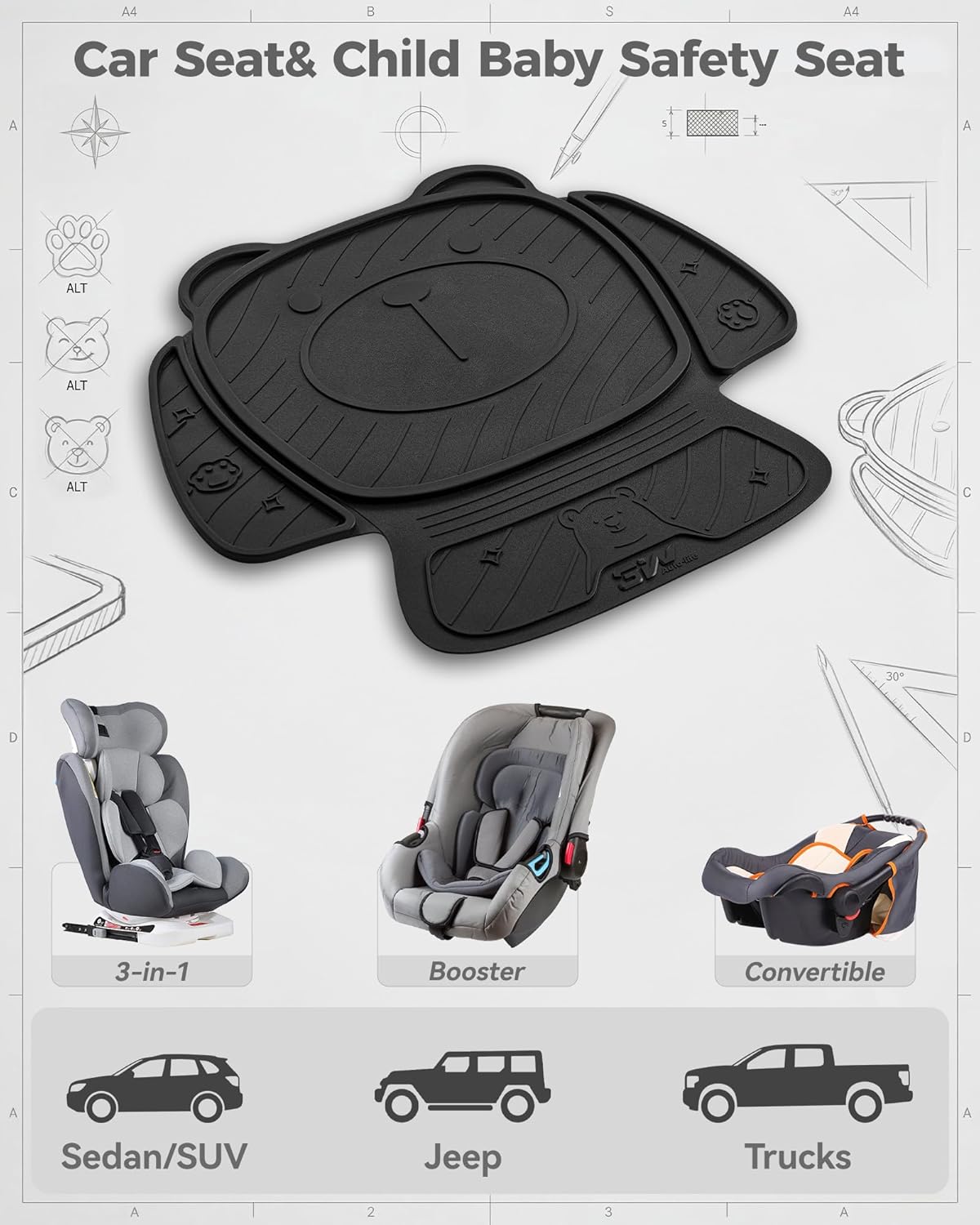 3W Car Seat Protector for Child Car Seat,TPE All Weather Heavy Duty Car Accessories, Applicable to All Models, Bear Baby Model, Black