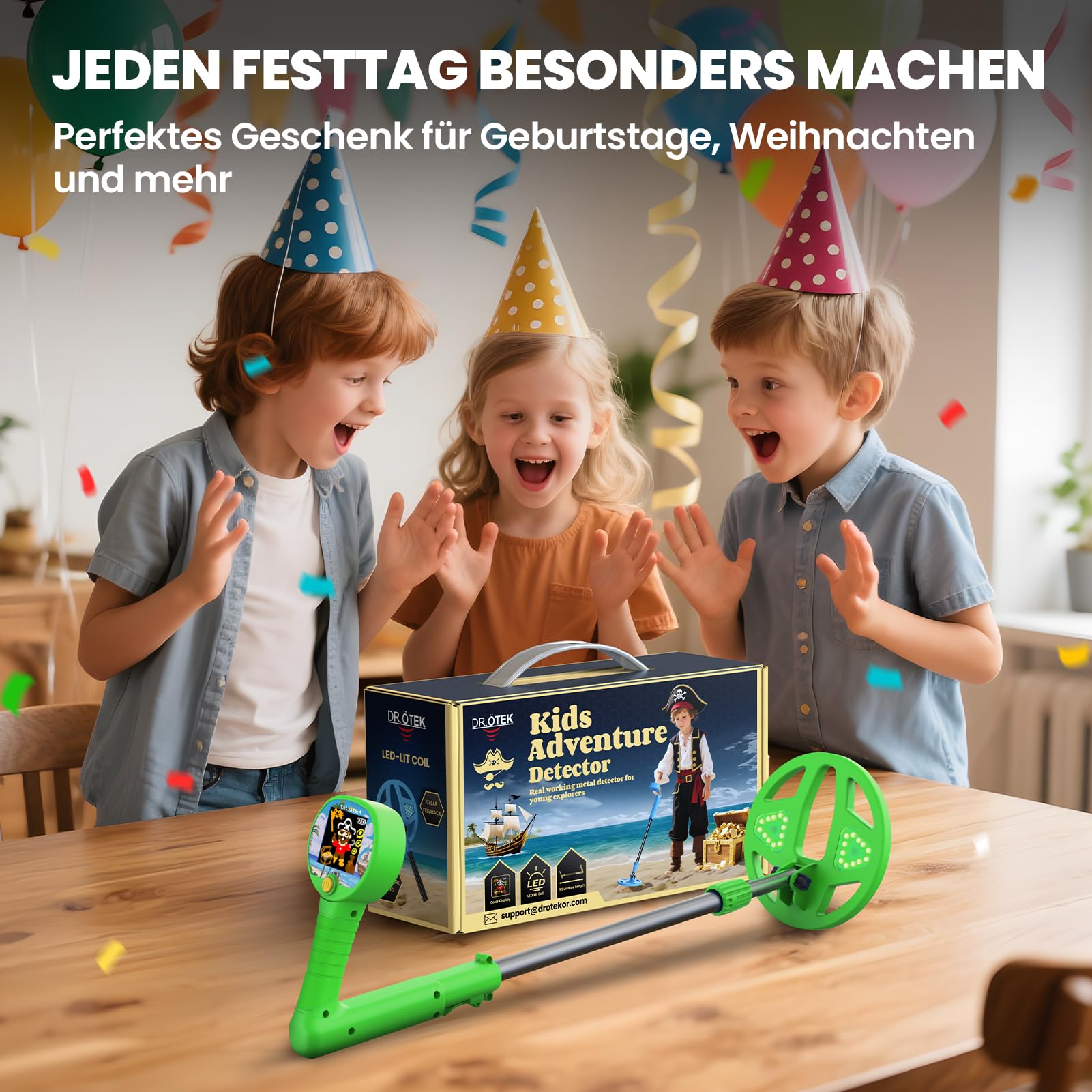 DR.ÖTEK Metalldetektor Kinder, Farb-LCD & 6" Leuchtspule, Leicht & Einstellbar, Rutschfester Griff, Kinder Metalldetektor Set für 3-12, Jungen & Mädchen, Grün