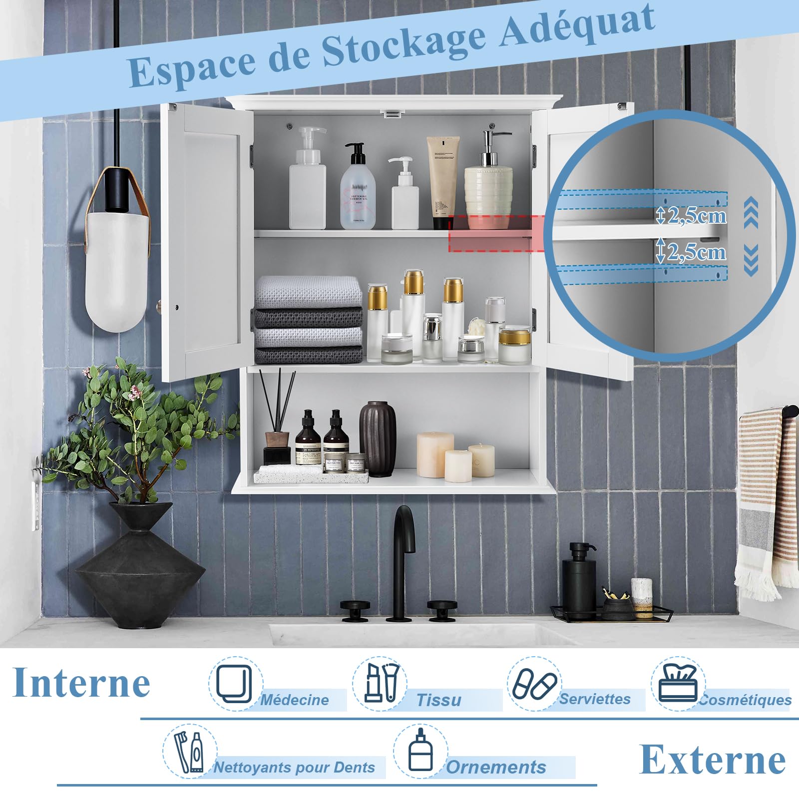 GIANTEX Armoire Salle de Bain Suspendue en Bois, Armoire Murale avec 2 Porte, Étagère Réglable, Compartiment Ouvert, Placard Murale pour Toilette, Cuisine, Entrée, 60 x 20 x 71 CM (Blanche)