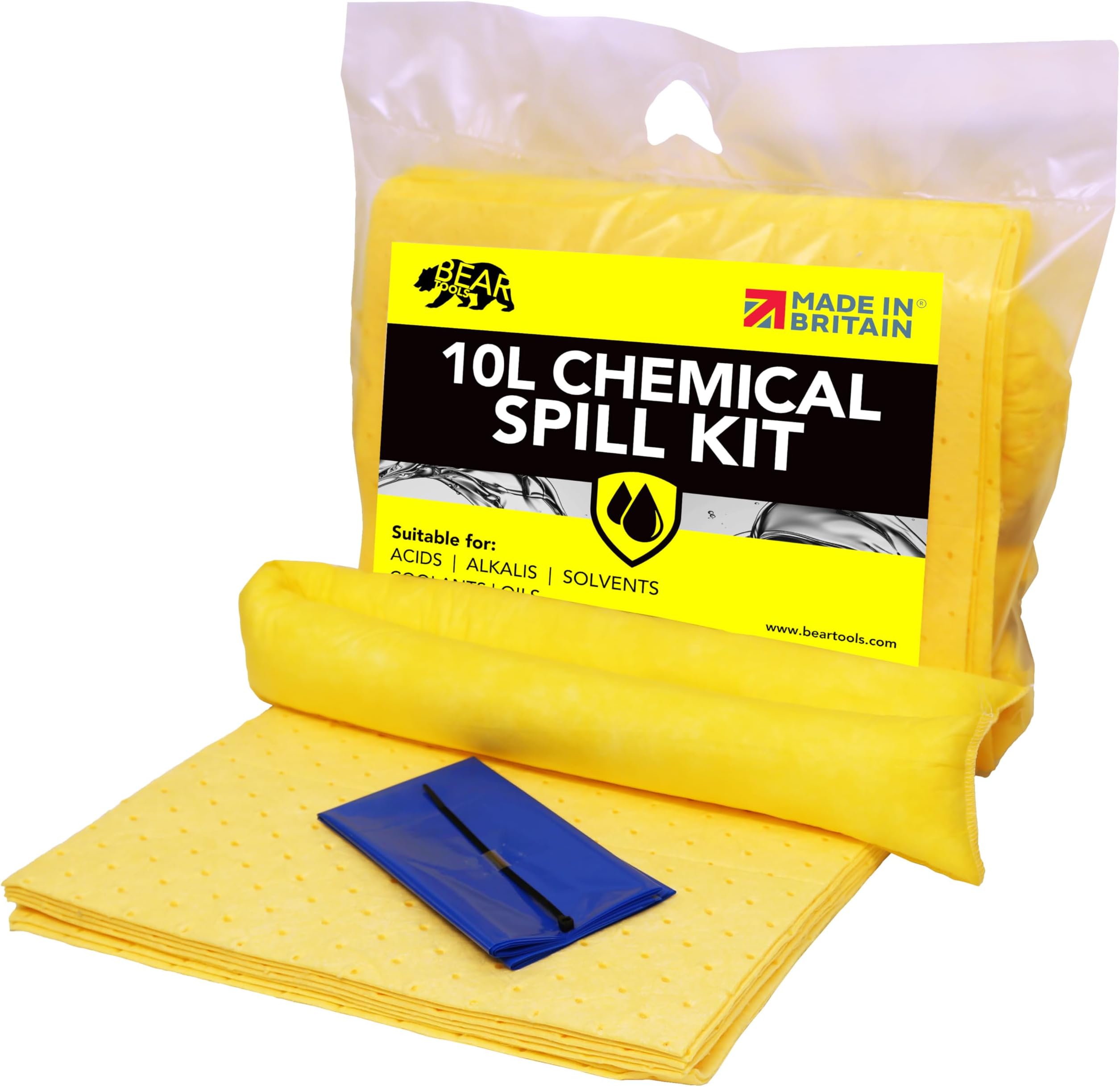 10L Spill Kits (10L Chemical) UK Manufactured, Yellow, Use for Spills Involving Aggressive Chemicals, Acids, Alkalis, For Indoor/Outdoor Use, Clip Top Kit Design.