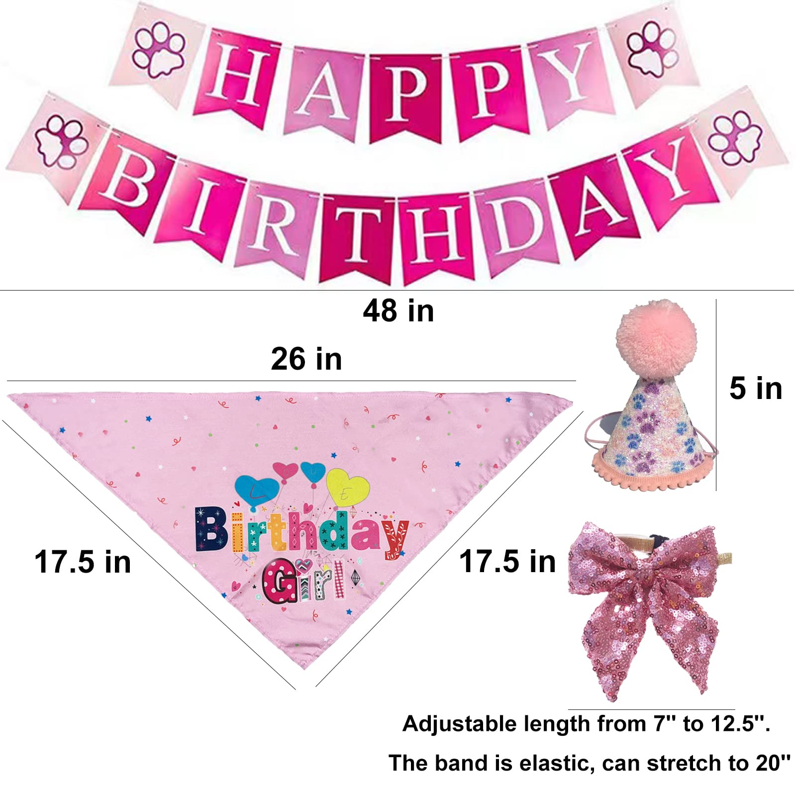 Dog Birthday Bandana Hat Scarf Set, Dog Birthday Party Supplies Dog Bandana Hat with Numbers Scarfs Happy Birthday Banner with Cute Dog Bow Tie Collar Boy Girl Puppy Birthday Hat Scarf for Dog (Pink)