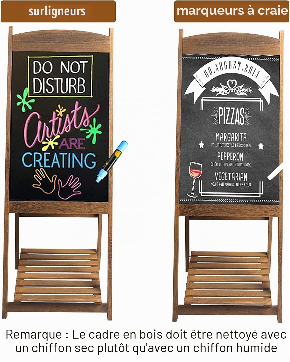 UNHO Panneau Publicitaire sur Pied: Tableau Noir Magnétique Cadre Bois avec Étagère de Rangement Chevalet Ardoise Trottoir Vintage 110x44cm Conçu Pour Restaurant Café Bar Bistrot Marron