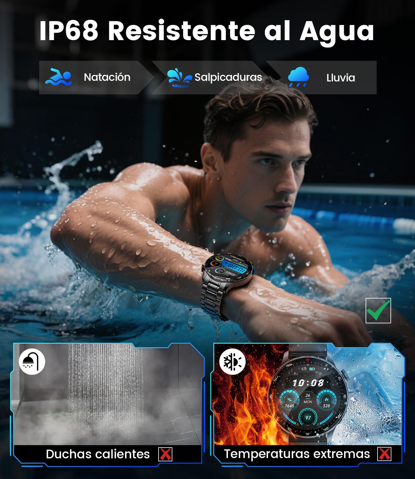 Smartwatch Hombre, 1.43" AMOLED Pantalla Redonda,123 Modos Deportivos,Ritmo Cardíaco Presión Arterial Sueño,Llamadas Bluetooth 5.3,2 Cables de Carga Magnéticos para Android iOS(SML21-B)