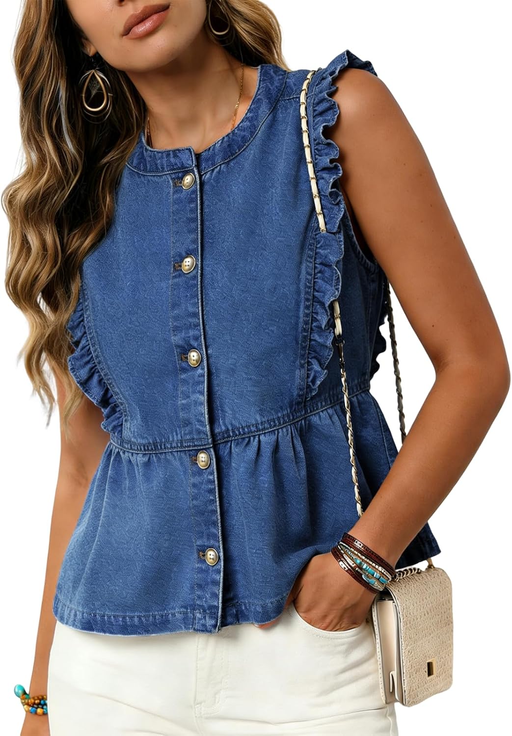 utcoco Denim Vest For Women 2026 Trendy Ruffle Sleeveless Button Down Jean Vest Tops