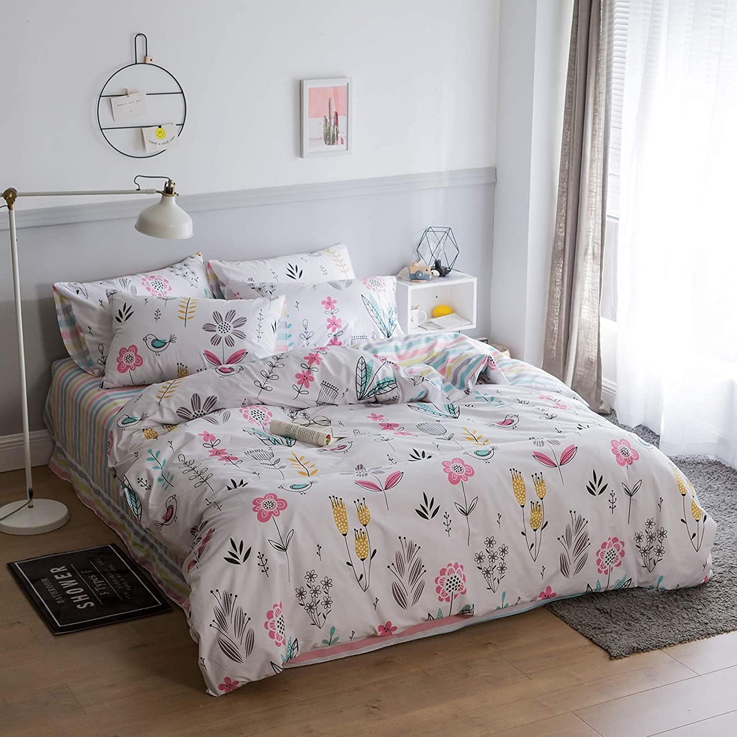 BuLuTu Floral Bird Print Pattern Girls Duvet Cover Twin White Premium Cotton Nature Blossom Colorful Reversible Kids Bedroom Comforter Cover Bedding Sets for Teen Toddler,Zipper Closure - Image 3