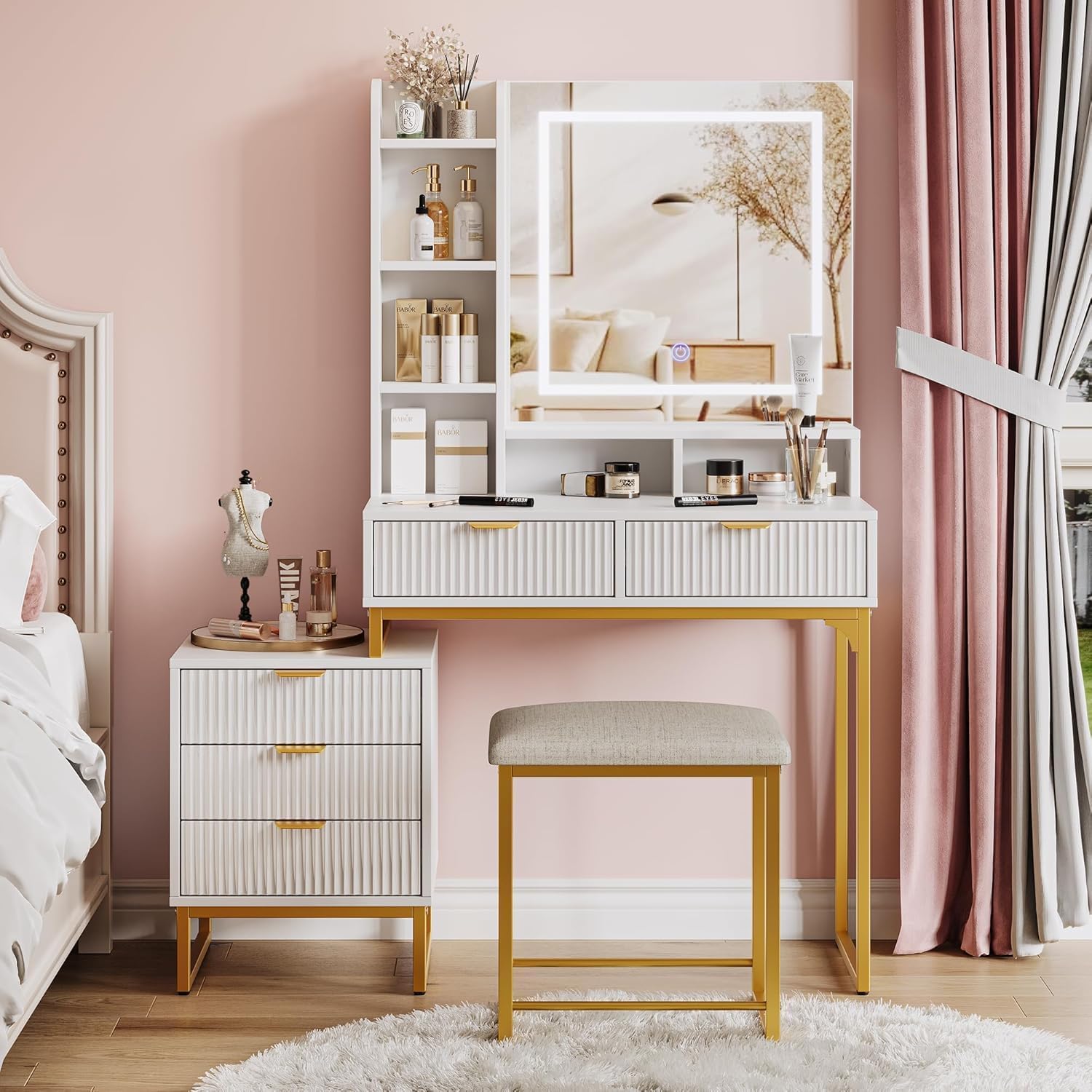 GarveeHome Makeup Vanity Desk with Mirror and Lights, Vanity Table with 5 Drawers, Vanity Set with Stool and Removable Side Storage Cabinet for