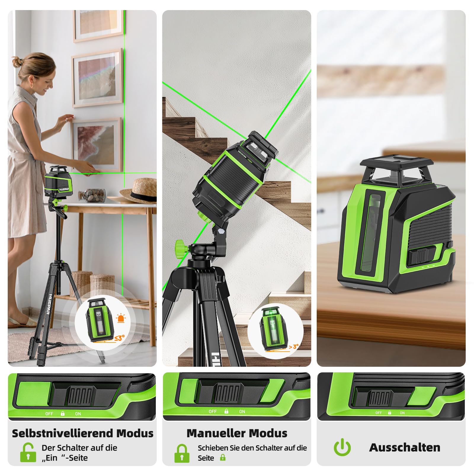 Huepar 360° Laser Wasserwaage mit 152 cm Stativ, Kreuzlinienlaser grün mit Pulsmodus, 3 Helligkeitsstufen, Selbstnivellierend, wiederaufladbarem Li-Ionen-Akku für Heimwerkerprojekte im Innenbereich