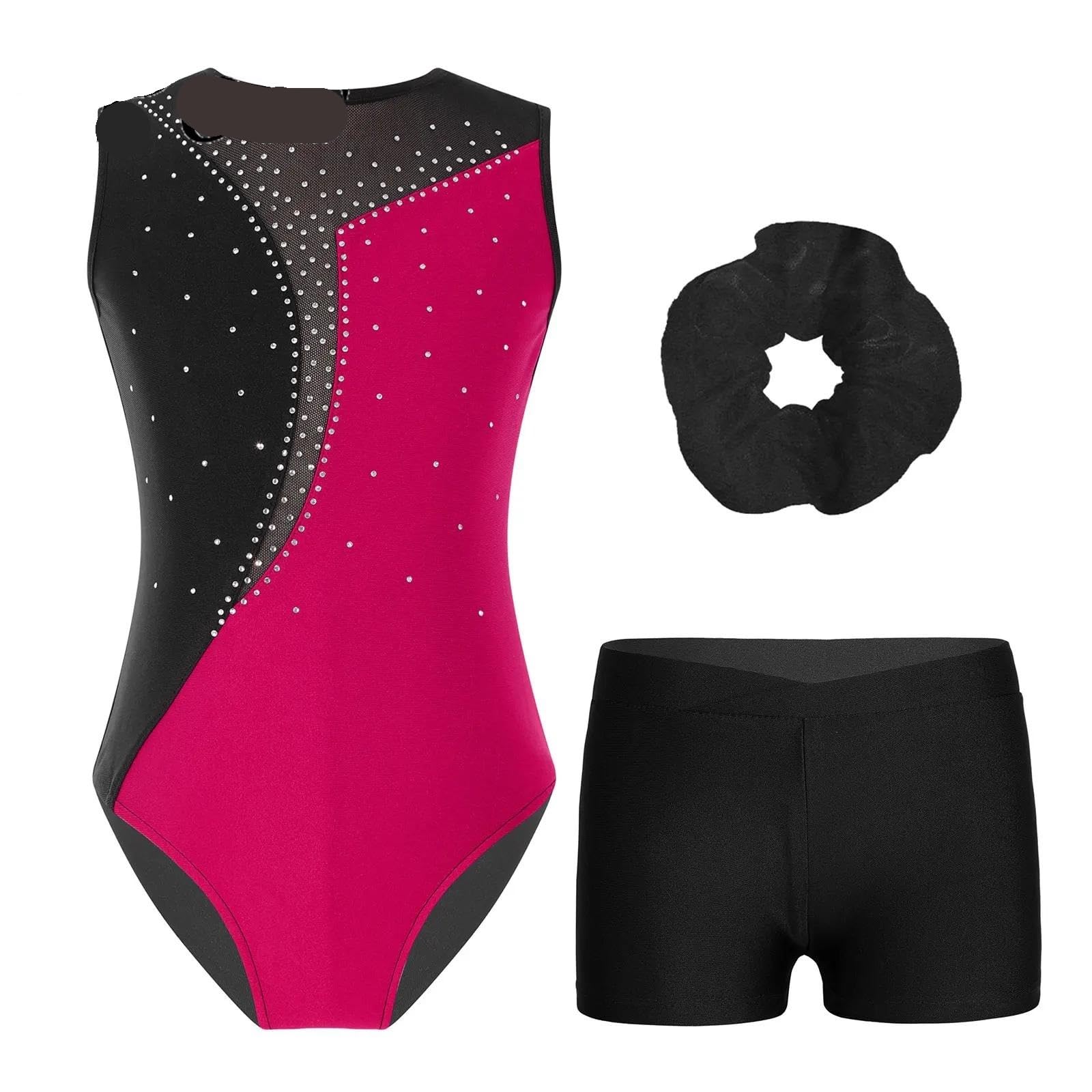 Leotardo para Competición de Gimnasia Leotardos de gimnasia for baile for niñas, conjuntos de pantalones cortos con cintura frontal en V for entrenamiento, Yoga, patinaje, trajes de Ballet(Pink,16)