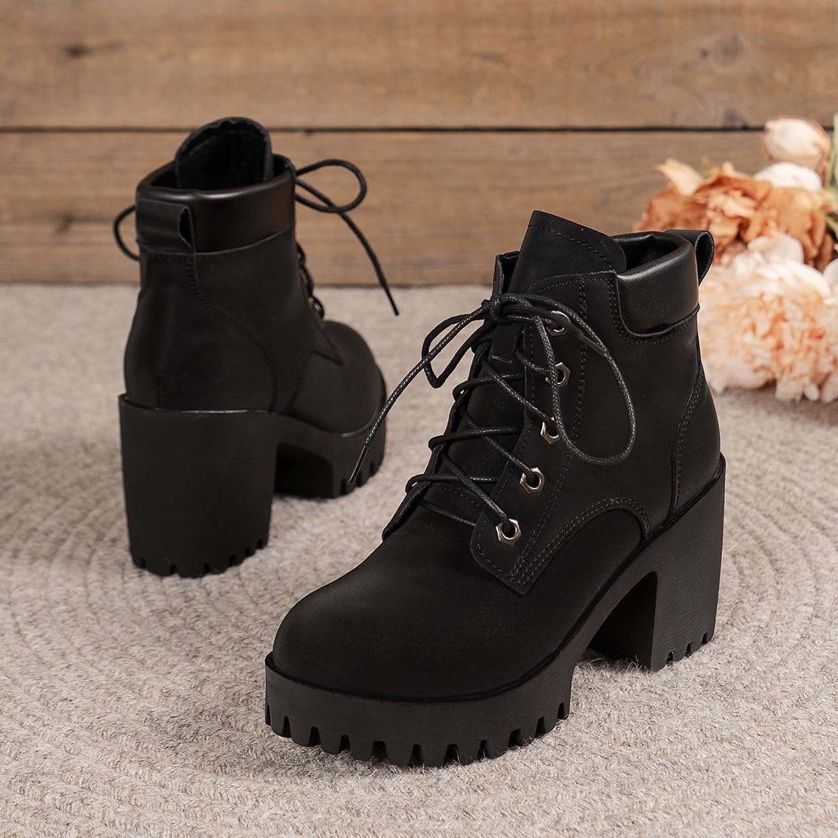 Botas de tacón grueso con cordones para mujer, plataforma de moda de tacón alto, botas informales, punta redonda, invierno, aspecto de piel, botas cortas