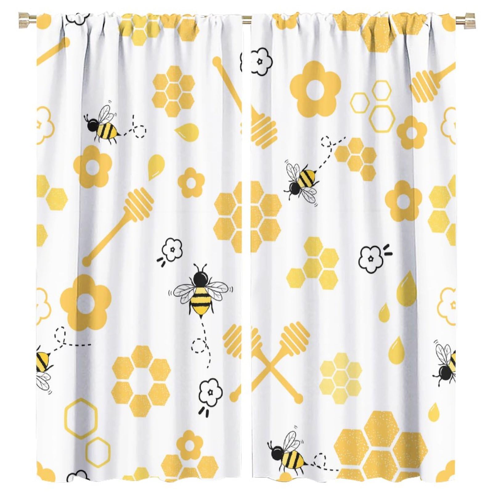 HZOHNAGO Bee Curtain Cartoon Cute Bees Yellow Honeycomb Flower Pattern Blackout Print Rod Pocket Window Drapes for Bedroom Living Room 63x72in