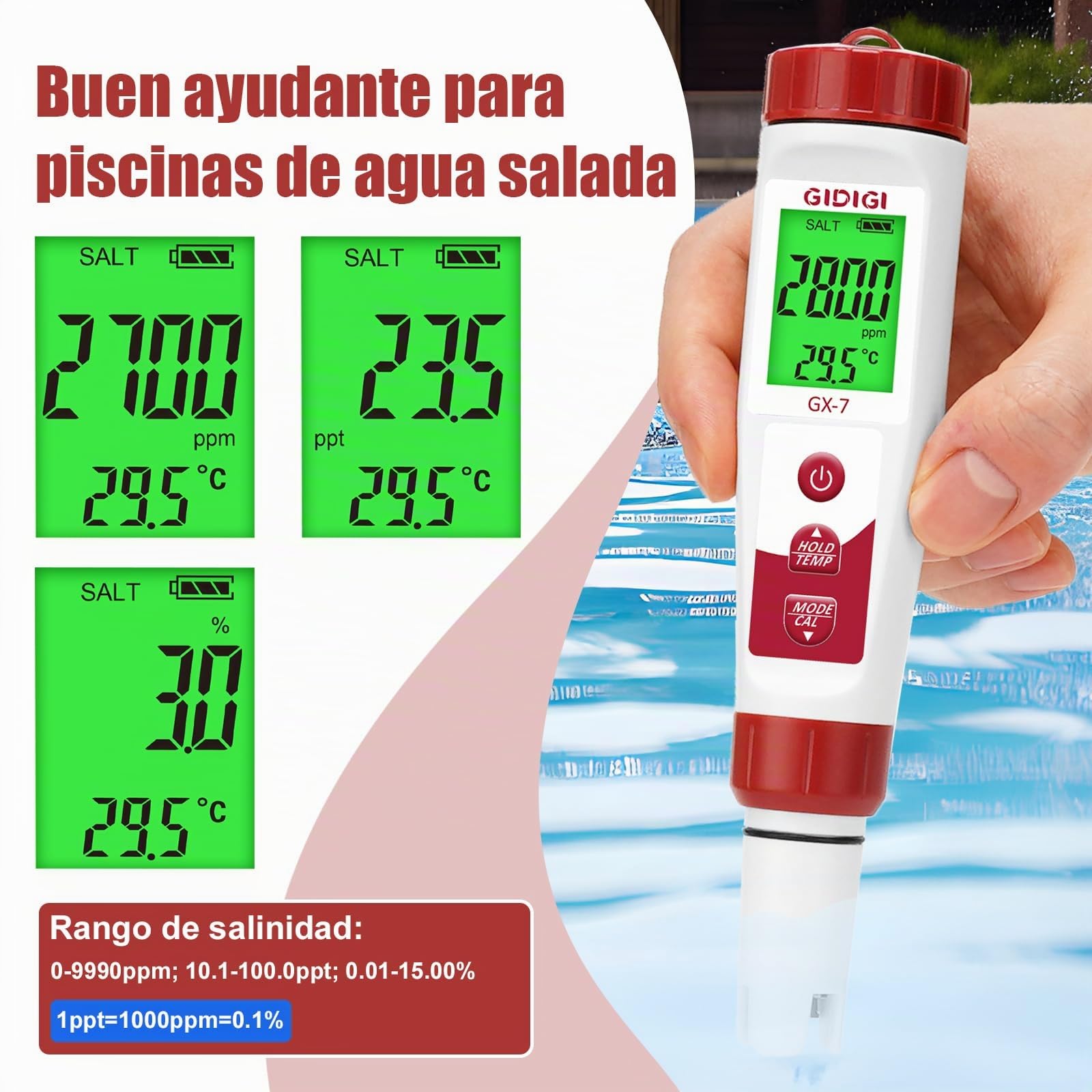 Medidor de Cloro y pH Digital 7 en 1, Comprobador de Piscina, ORP Cloro Sal EC PPM TDS