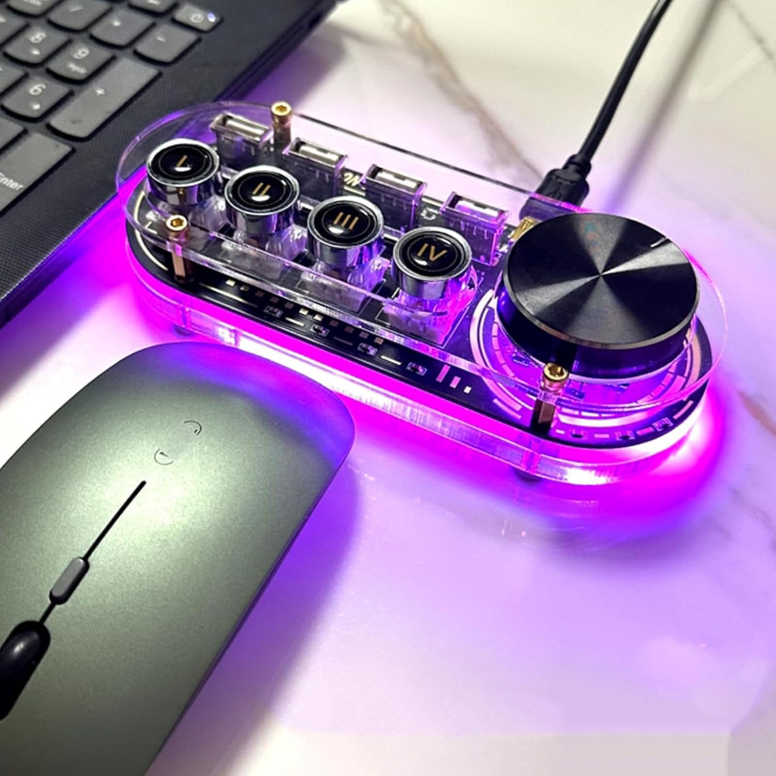 Docking Station USB, Hub USB Multifunzione Con Manopola Per Il Controllo Del Volume, 24 Tipi Di Luci RGB, 3 Porte USB 2.0 Per La Trasmissione Dati E 1 Porta USB 2.0 Per L'alimentazione, Per Tablet