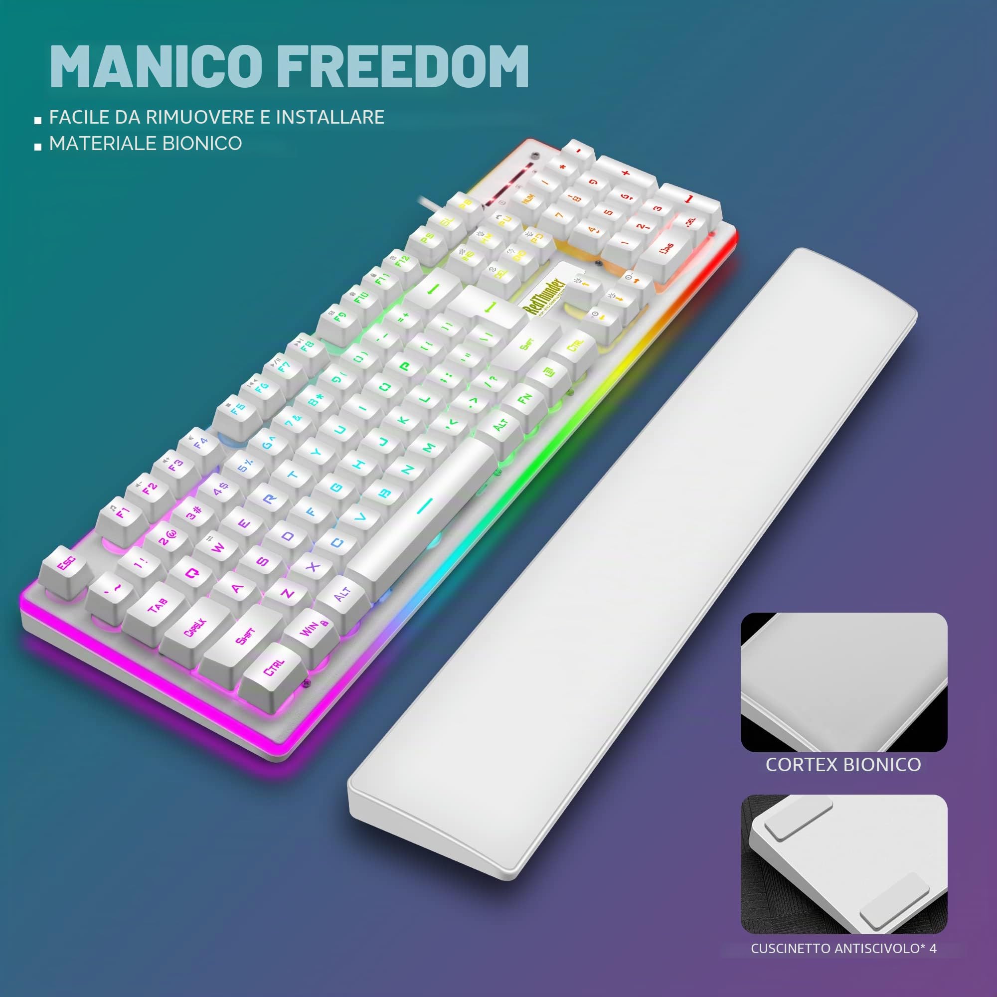 RedThunder Tastiera e mouse da gioco K10 cablati, layout UK, retroilluminazione RGB vera, tastiera ergonomica anti-ghosting al tatto + mouse 7D 3200 DPI per PC, Mac (bianco)