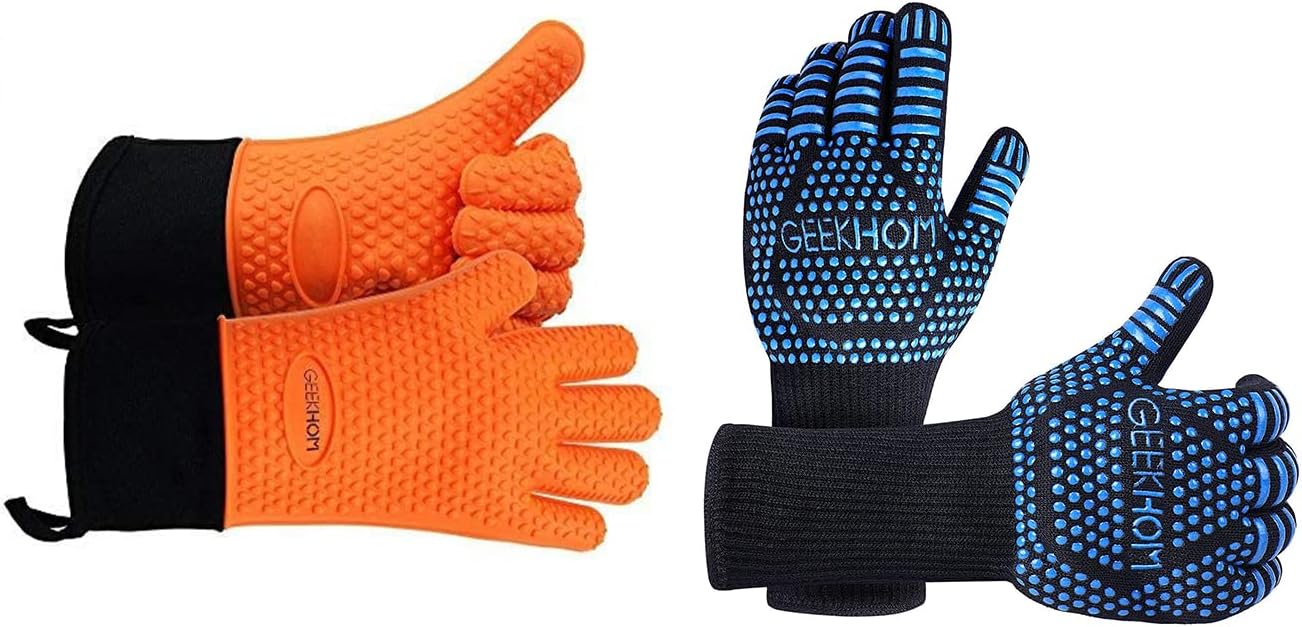 GEEKHOM Grilling Gloves, Heat Resistant Gloves BBQ Kitchen Silicone Oven Mitts M Grey& Aramid Grilling Gloves 1472℉ Heat Resistant : Patio, Lawn & Garden