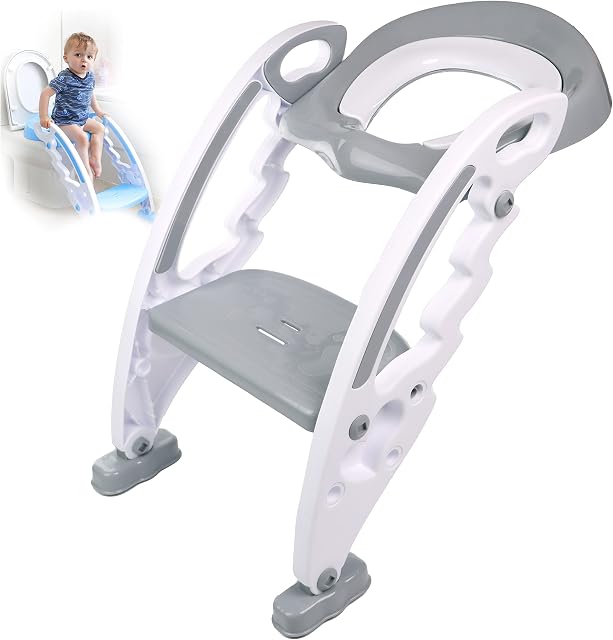 DIVCHI Baby Toilet Training Seats, Toilet Steps for Kids, Potty Training Seats, Toilet Ladder Seat for Toddlers, Child - Anti Slip, Soft Cushion, Foldable Toilet, 1-7 Years Old Kids (White/Grey)