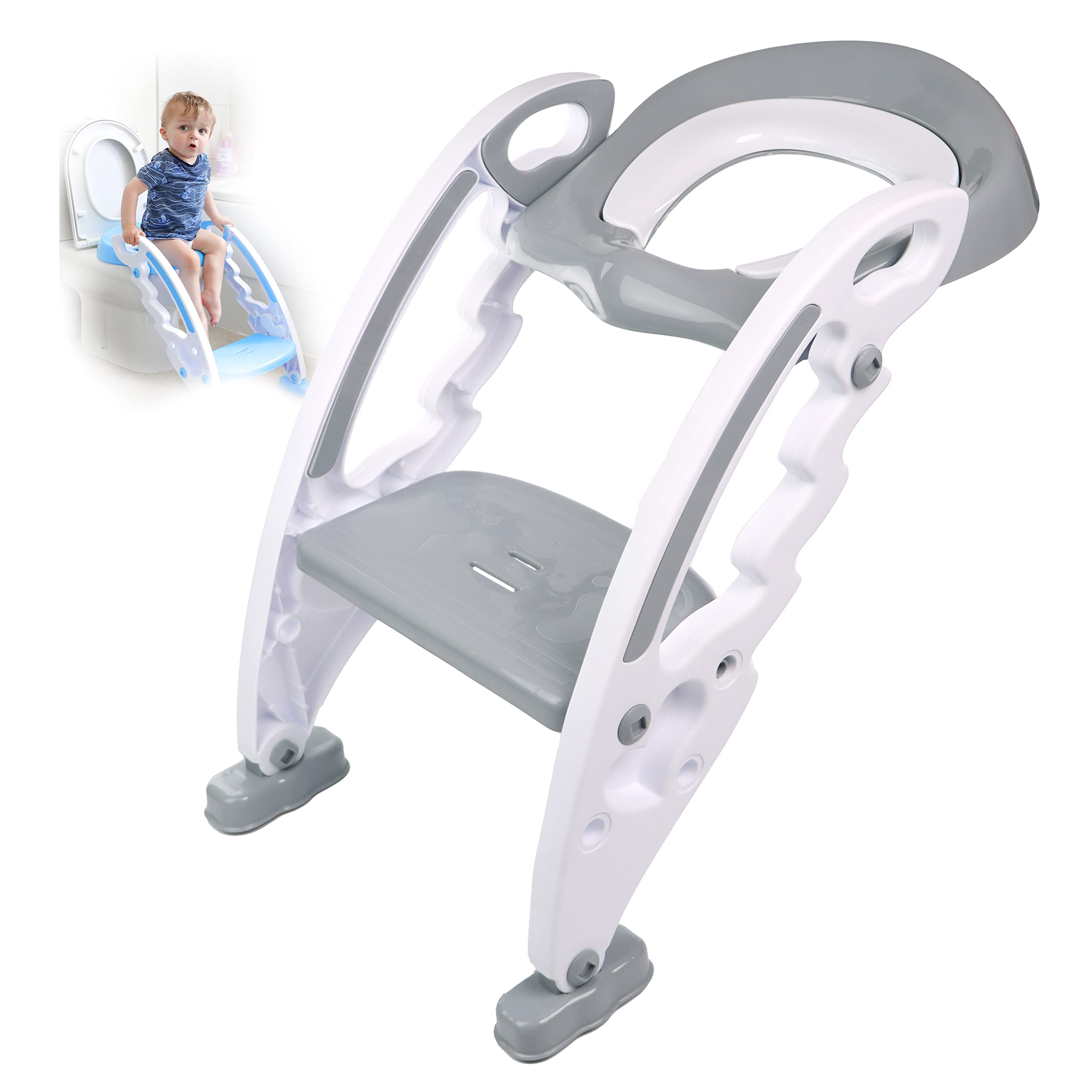 DIVCHI Baby Toilet Training Seats, Toilet Steps for Kids, Potty Training Seats, Toilet Ladder Seat for Toddlers, Child - Anti Slip, Soft Cushion, Foldable Toilet, 1-7 Years Old Kids (White/Grey)