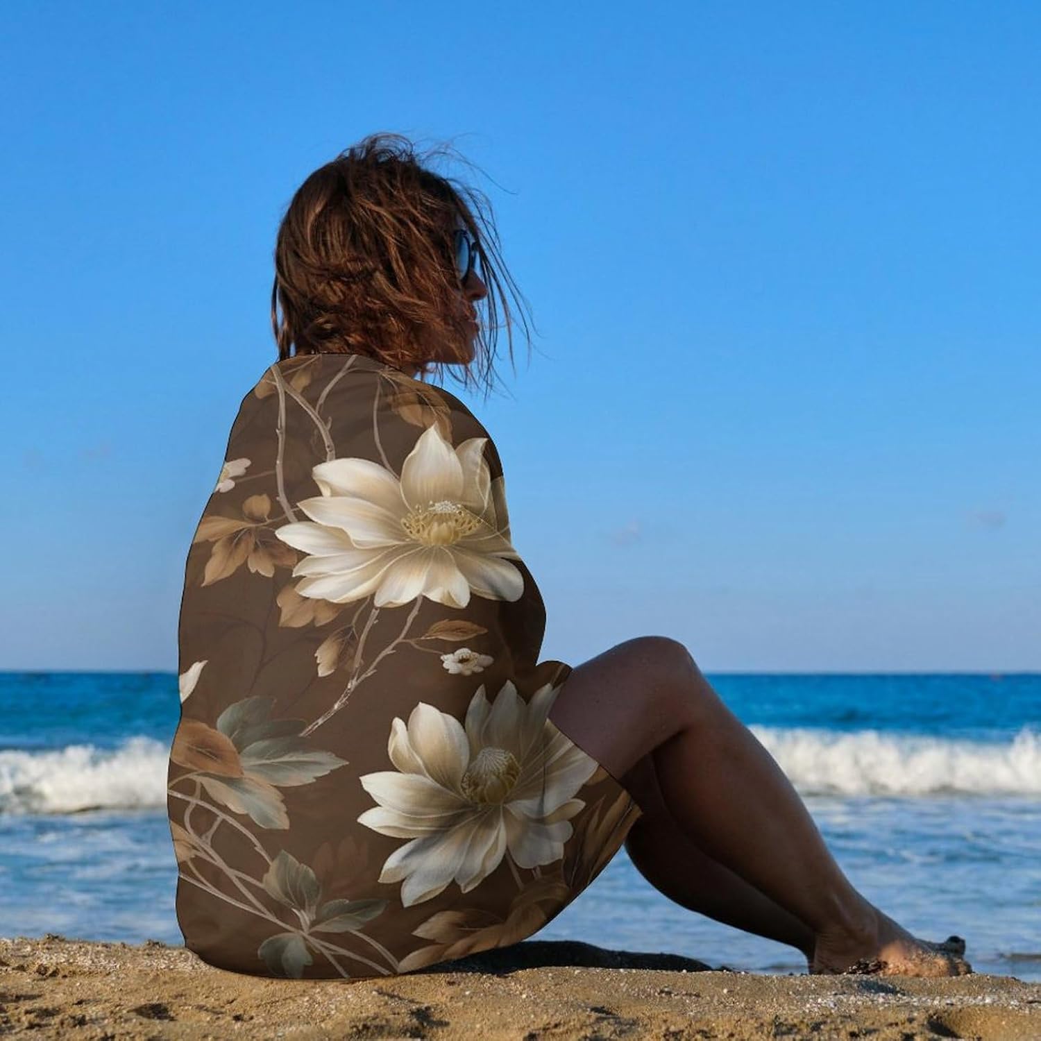 Swimming Towel, Flowers on Brown Background Printed Fashion Towel,Portable Towel,Durable Towel