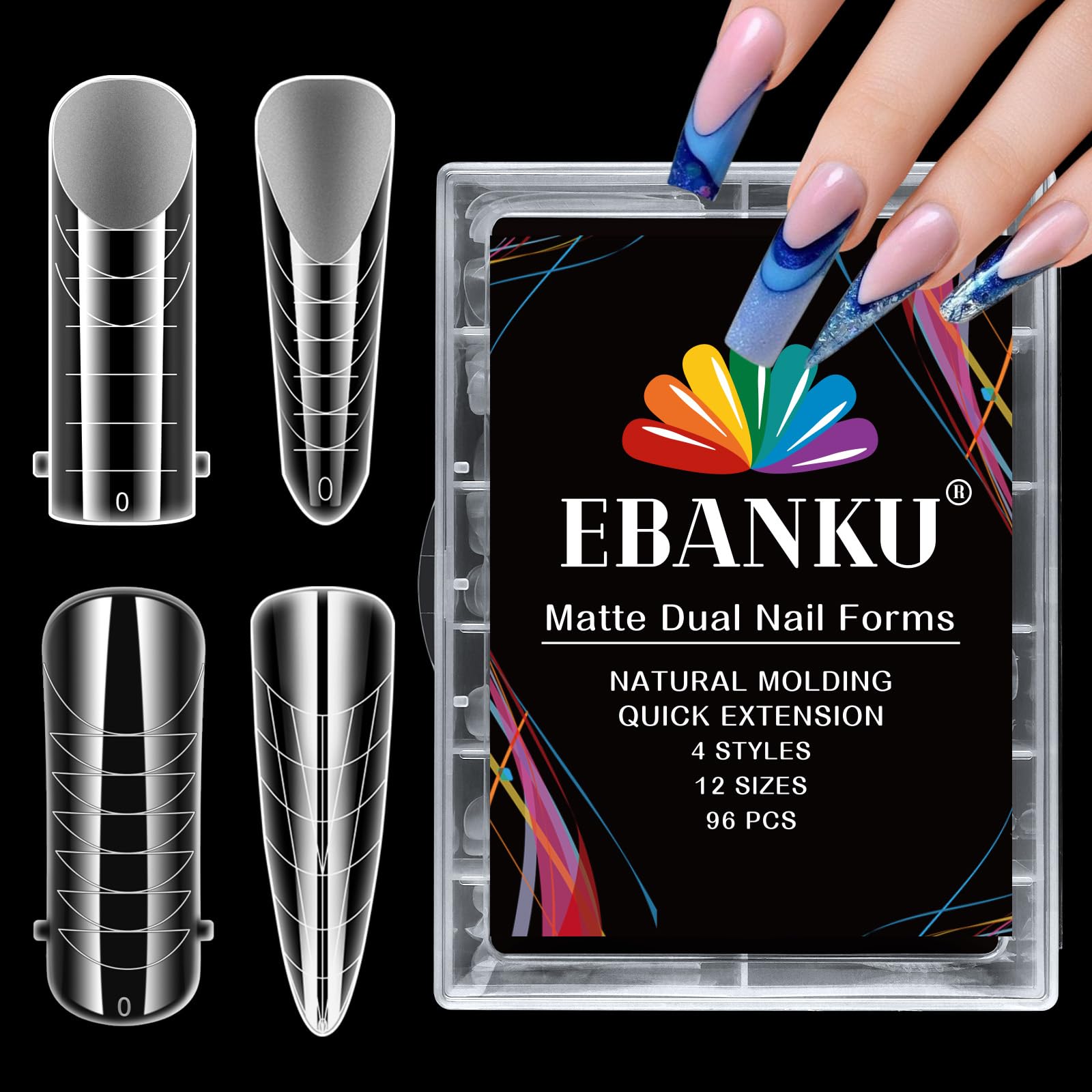 EBANKU 96PCS Matte Clear Dual Nail Forms System Full Cover Nail Mold Tips Acrylic Nail Extension Tools for Nail Art Salon Nails Design(4 Styles)