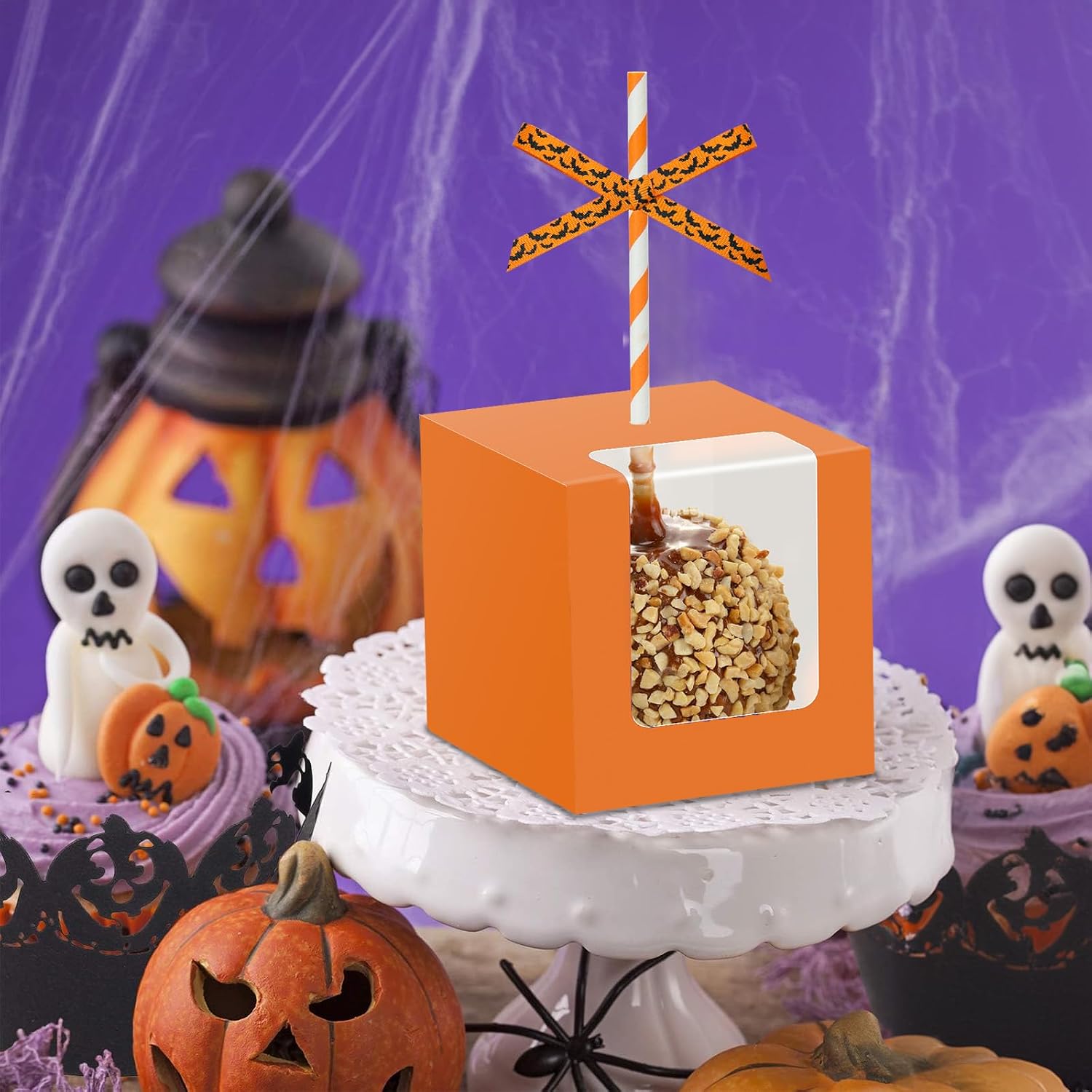 60 Sets Halloween Kraft Candy Apple Boxes with 60Pcs Hole Stick and Colorful Straws, 2Pcs Ribbons and Stickers, 4 x 4 x 4 Inch Window Clear Caramel Favor Boxes for Cake, Cookies Chocolate, Candied