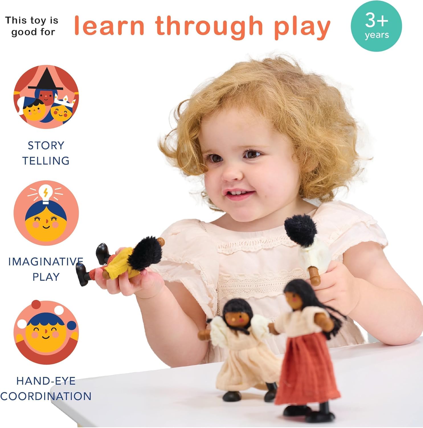 Mentari Toys - The Berrybunch Doll Family - 4pc Poseable Wooden Doll Set with Fabric Clothes - Perfect for Dollhouses and Small World Play - Encourages Imaginative Play and Social Skills - Age 3+