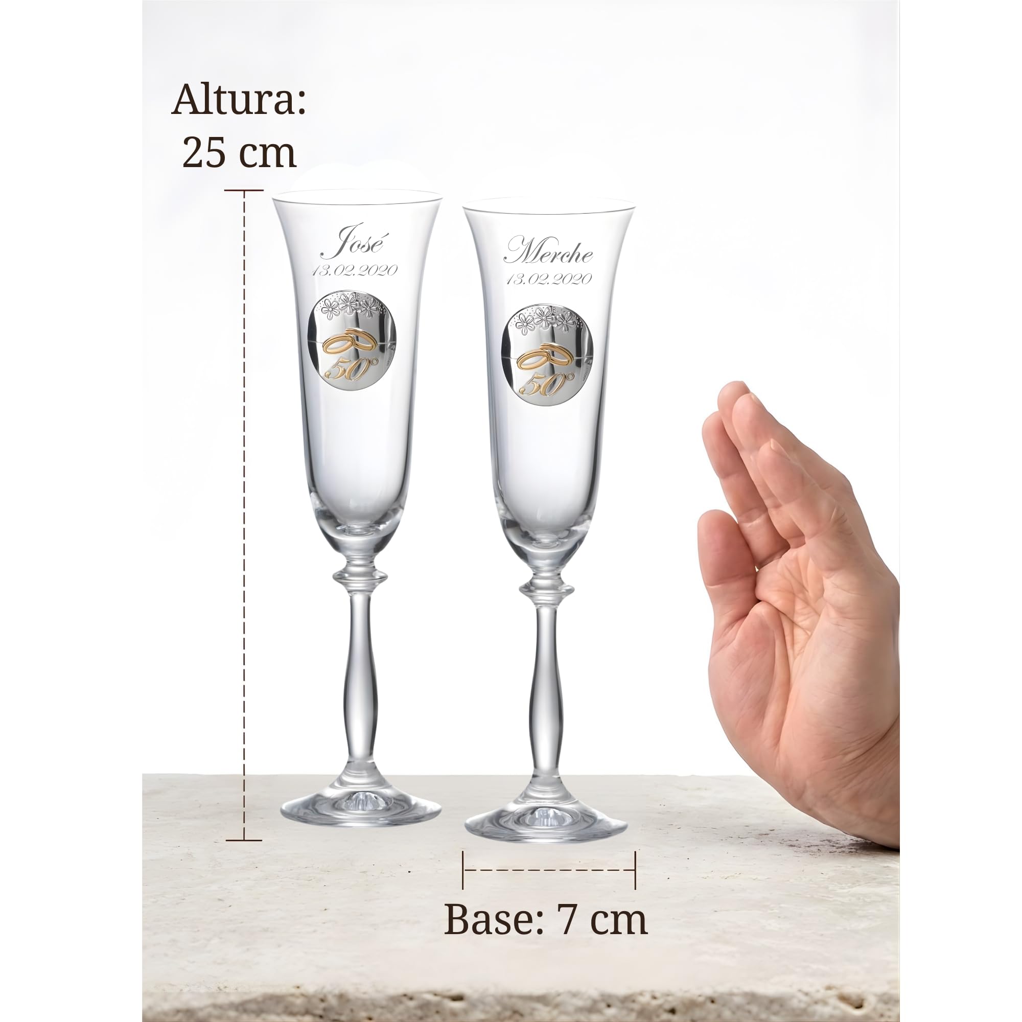 JOYERIA EL FARO Copas Bodas de Oro Personalizadas – Juego de 2 Copas de Champán/Cava Grabadas con Nombres y Fecha – Regalo 50 Aniversario de Casados para Pareja
