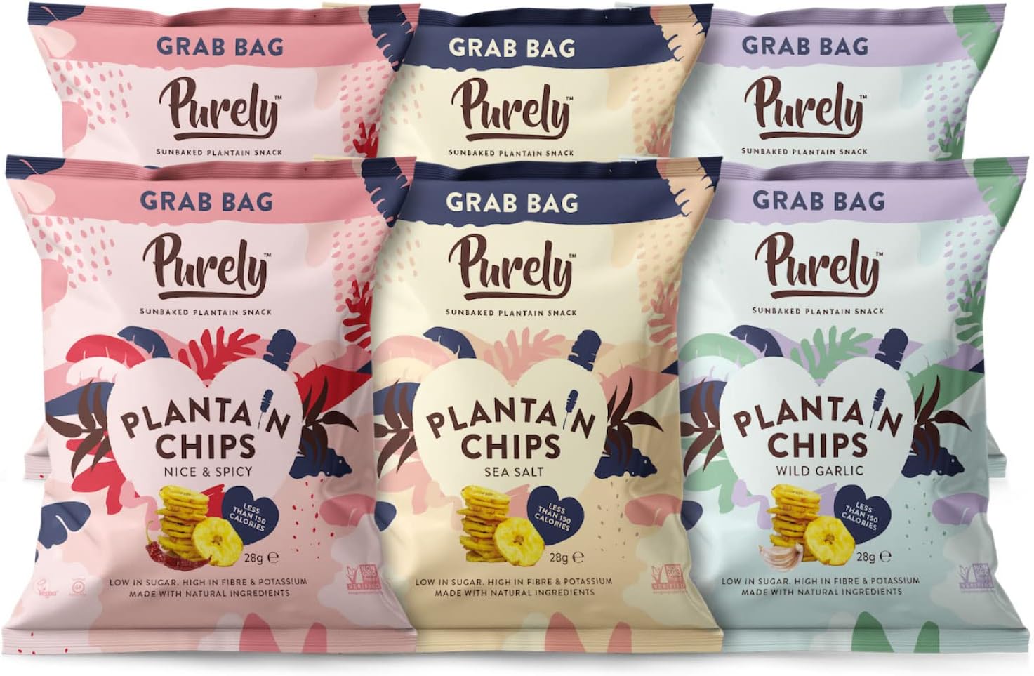 Purely Plantain Chips - Low Fat Plantain Crisps - Gluten Free Snacks - Healthy Alternative Snack Multipack - Vegan, Nutritious & All Natural - Mixed Flavours - 28g x 6 Pack