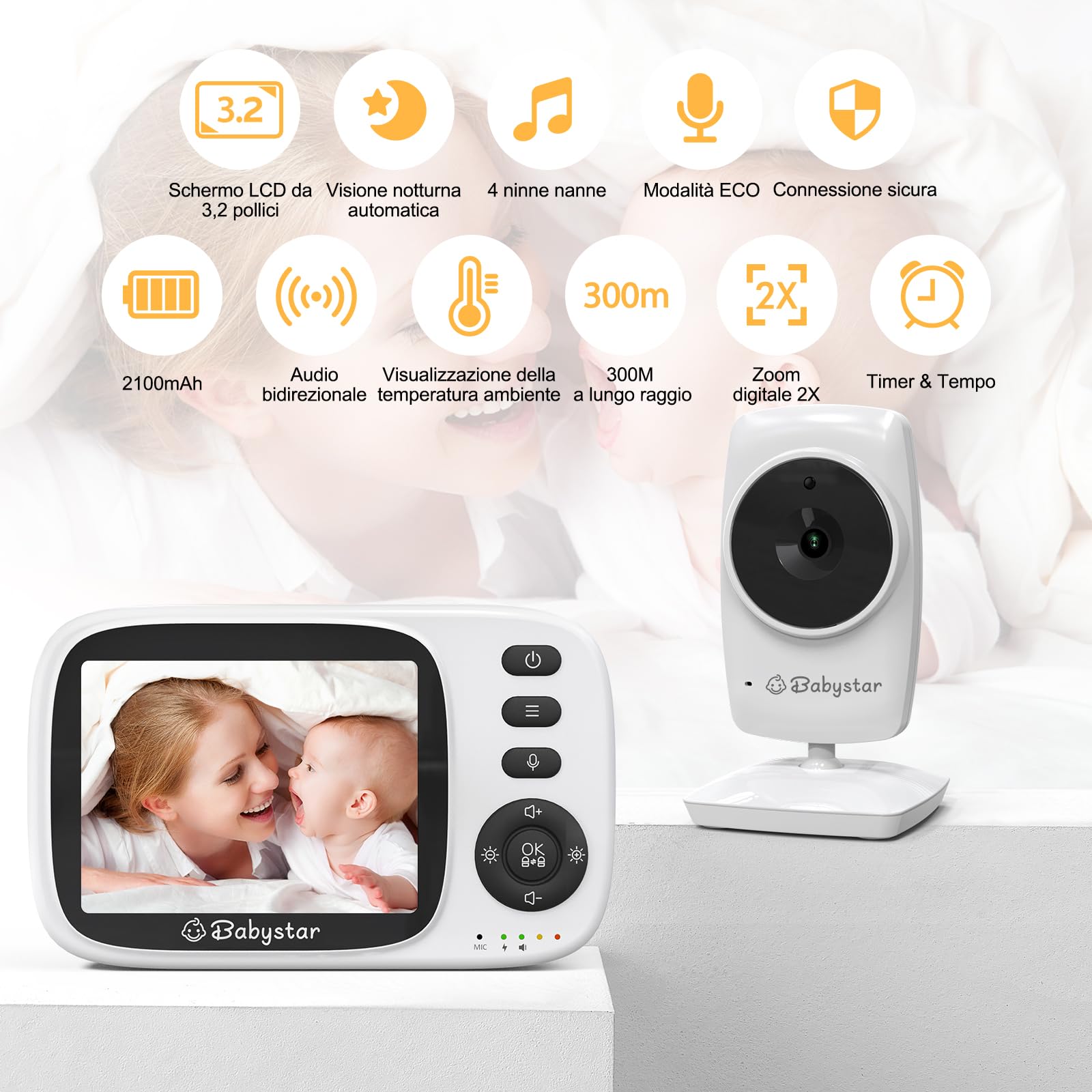 Babystar Babyphone con fotocamera Baby Monitor, schermo da 3,2 pollici, baby fone senza Wi-Fi, audio a 2 vie, batteria da 2100 mAh, 4 ninne, modalità VOX, visione notturna, sensore di temperatura