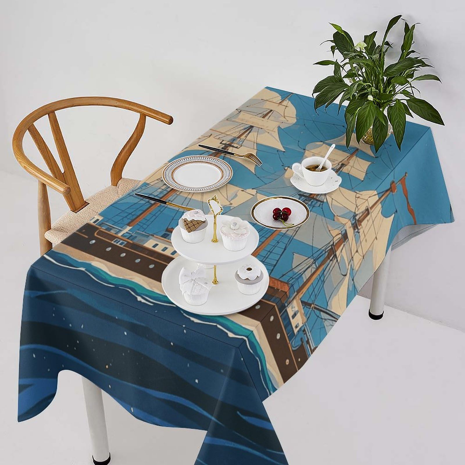 Nappe rectangulaire thème nautique 140x190 cm imperméable pour table de jardin