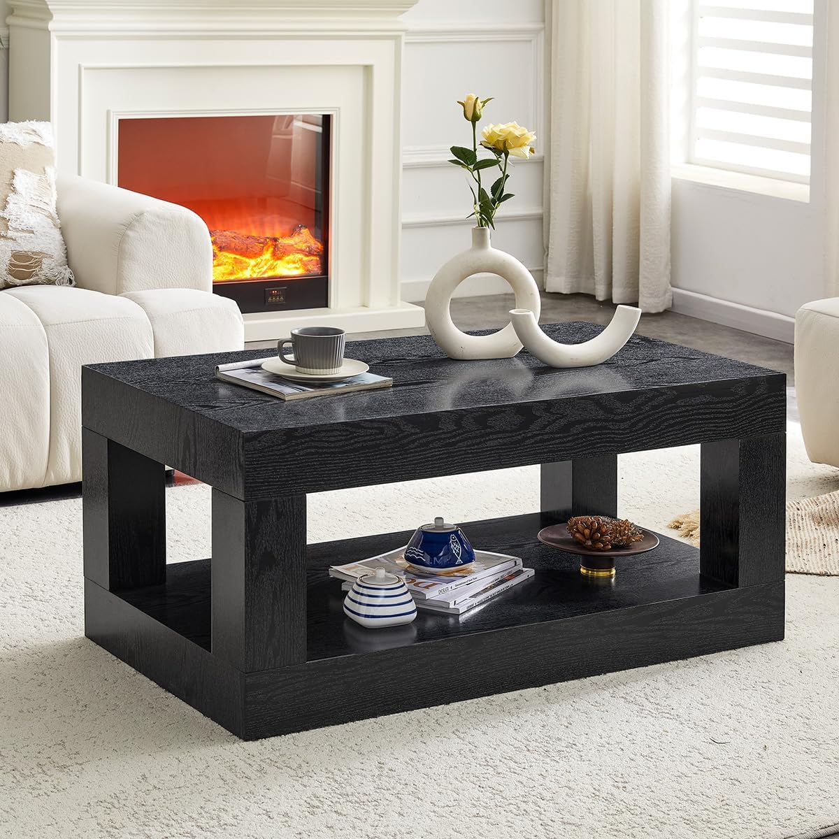 39.4" Wood Coffee Table｜Modern 2-Tier Rectangular Coffee Table for Living Room｜Center Table with Large Storage Space｜Smooth Edge｜Ideal for Living Room｜Easy Assembly｜Black