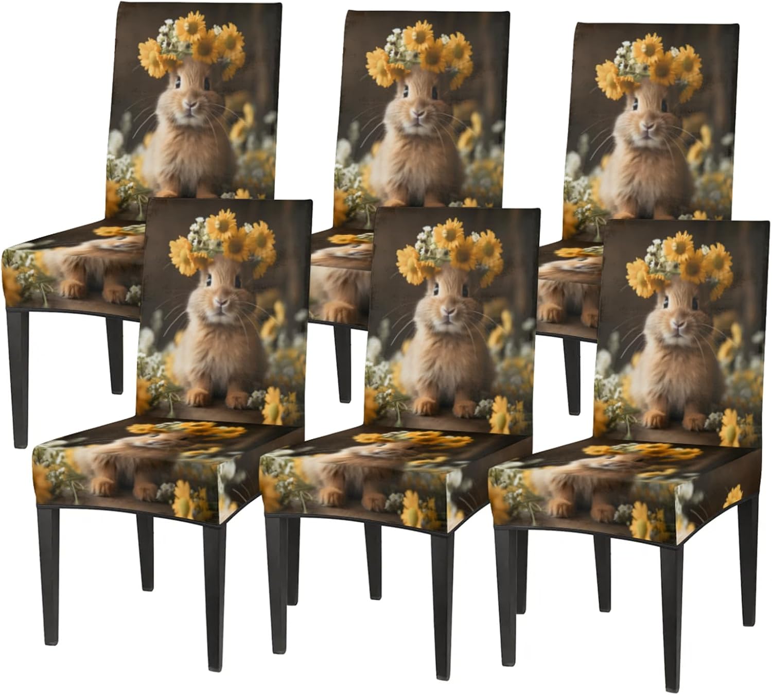 QsirBC Rabbit Wearing Wreath Stretch Dining Room Chair Covers Set of 4 Chair Slipcovers Removable Washable Kitchen Seat Covers Chair Protectors for Hotel Party Wedding