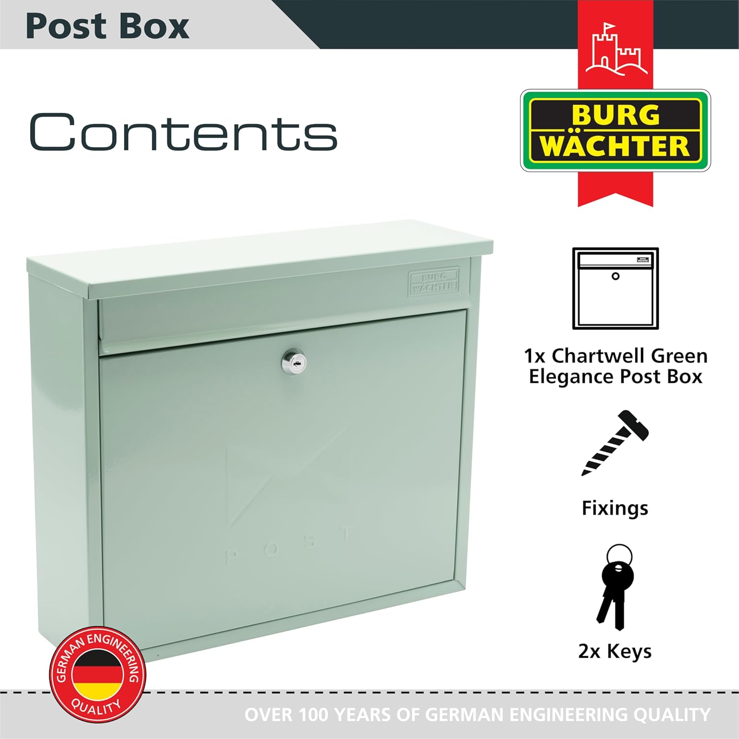 Burg-Wachter MB02CG Chartwell Green Elegance Wall Mounted Galvanised Steel Lockable Weatherproof Post Box - 36x31x10cm