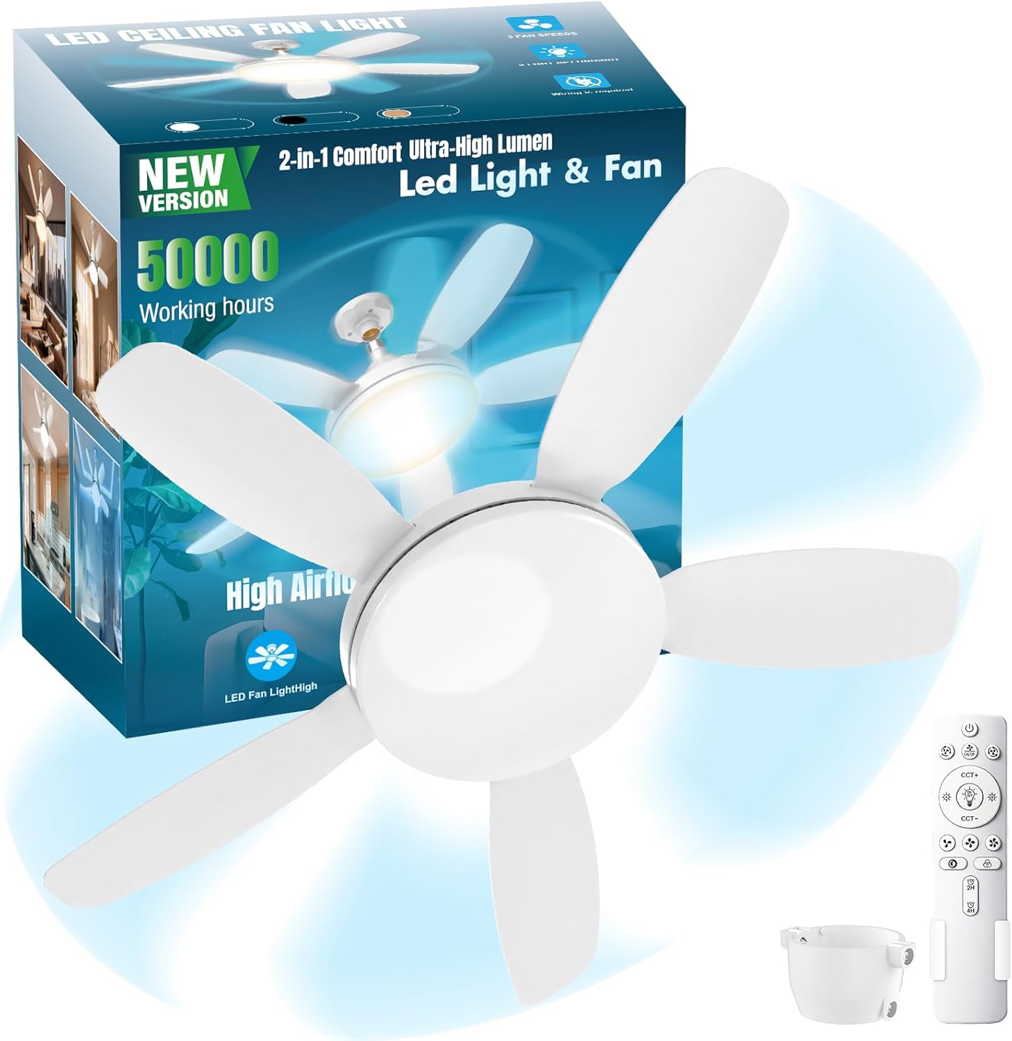 32" Socket Fan Light, 3000 Lumens Small Ceiling Fans with Lights and Remote, E26/E27 Light Bulb Fan with Reversible Motor, Dimmable 3000K-6500K Light Socket Fan for Bedroom Kitchen Garage