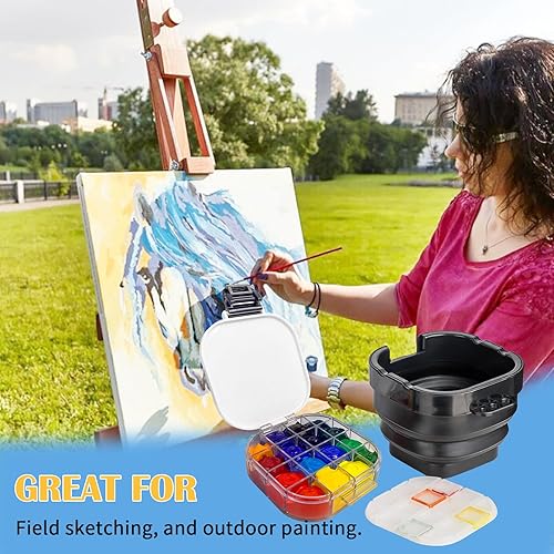 Miniatura 6 de Falling in Art Paleta de pintura, caja hermética de 16 pozos con tapa y cepillo plegable para acuarela, gouache y pintura acrílica (negro)