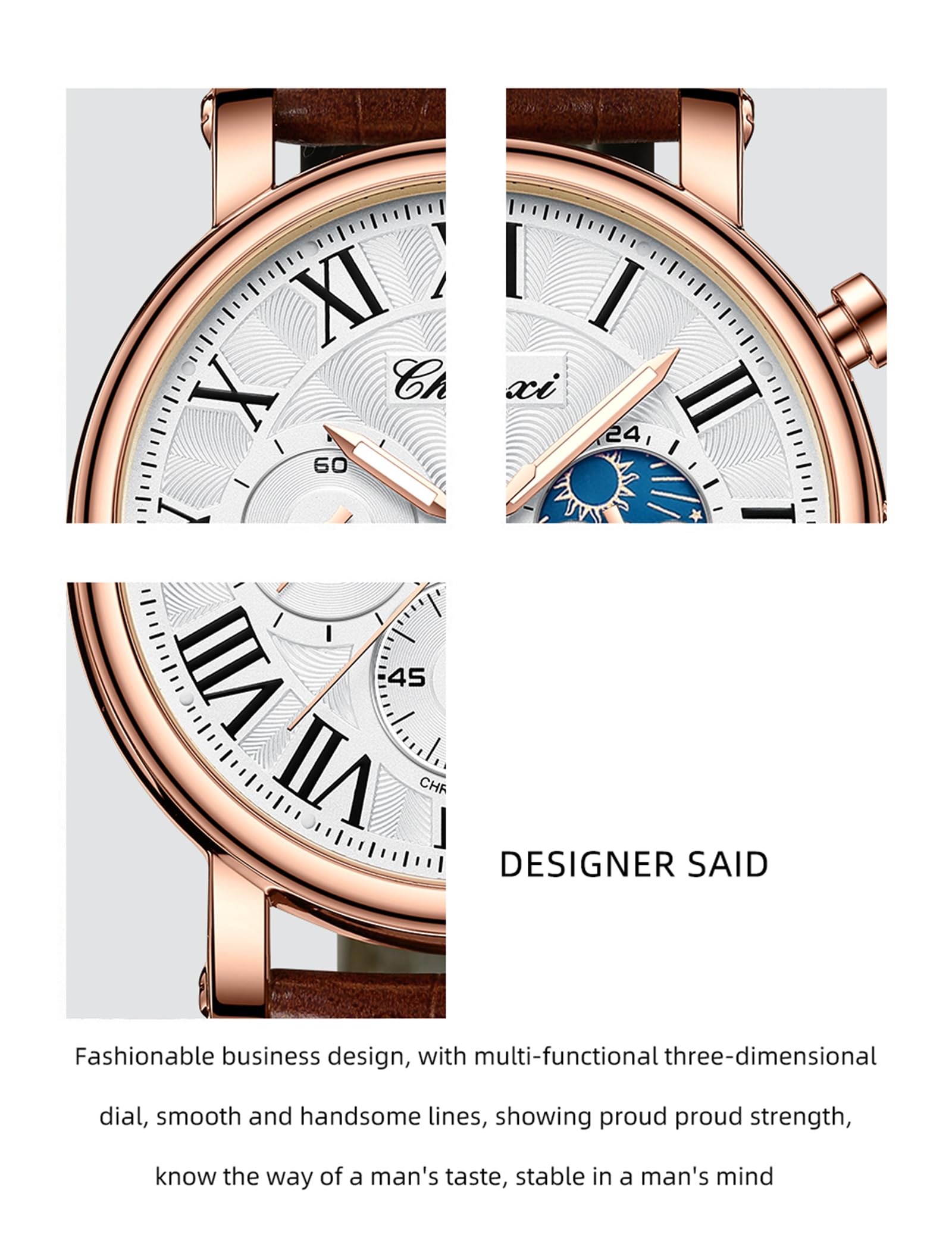 FANMIS Men's Classic Multifunctional Military Sports Analog Watch Business Dress Waterproof Luminous Chronograph Starry Sky Moon Phase Leather Wristwatch