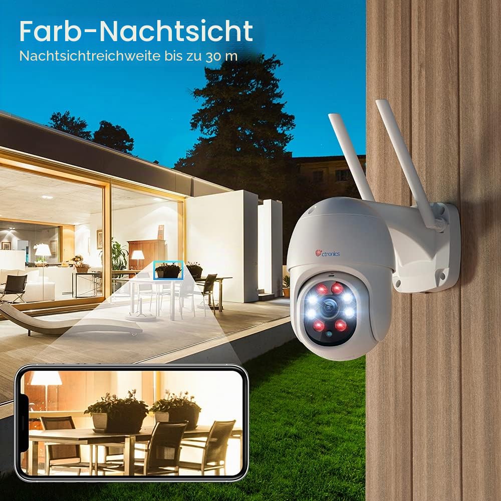 Ctronics 2.5K 4MP Überwachungskamera Aussen WLAN, PTZ 355°/90° Schwenkbar | 2,4/5GHz Dualband WiFi IP Kamera Outdoor mit Automatische Verfolgung, Personenerkennung, Farbiger Nachtsicht, IP66