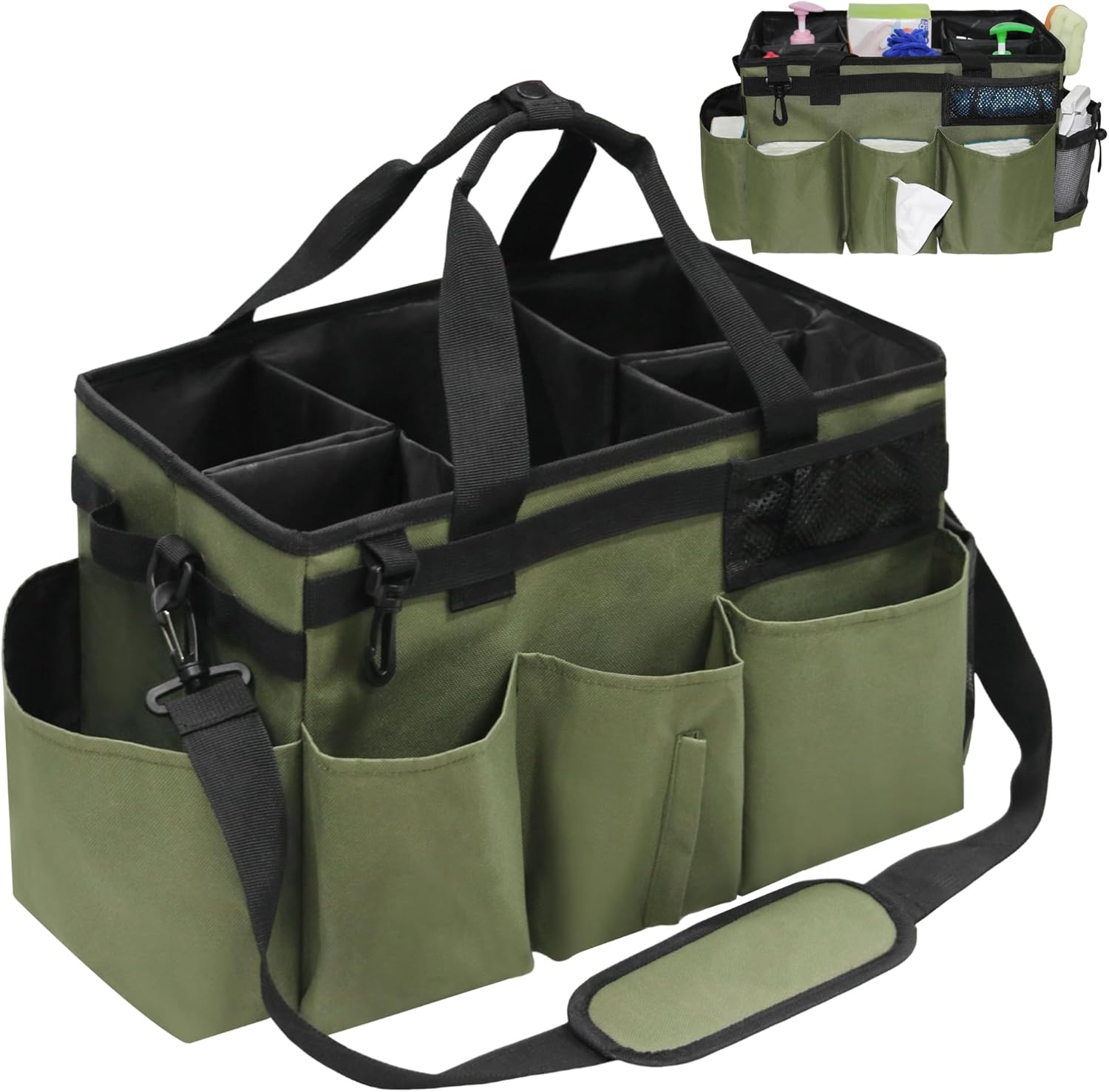Wearable Cleaning Caddy Bag, Kitchen Supplies Organizer with Handle&Shoulder Strap, Under Sink&Car Cleaning Tool Tote with 4 Foldable Dividers for Housekeepers Cleaners (Army Green)