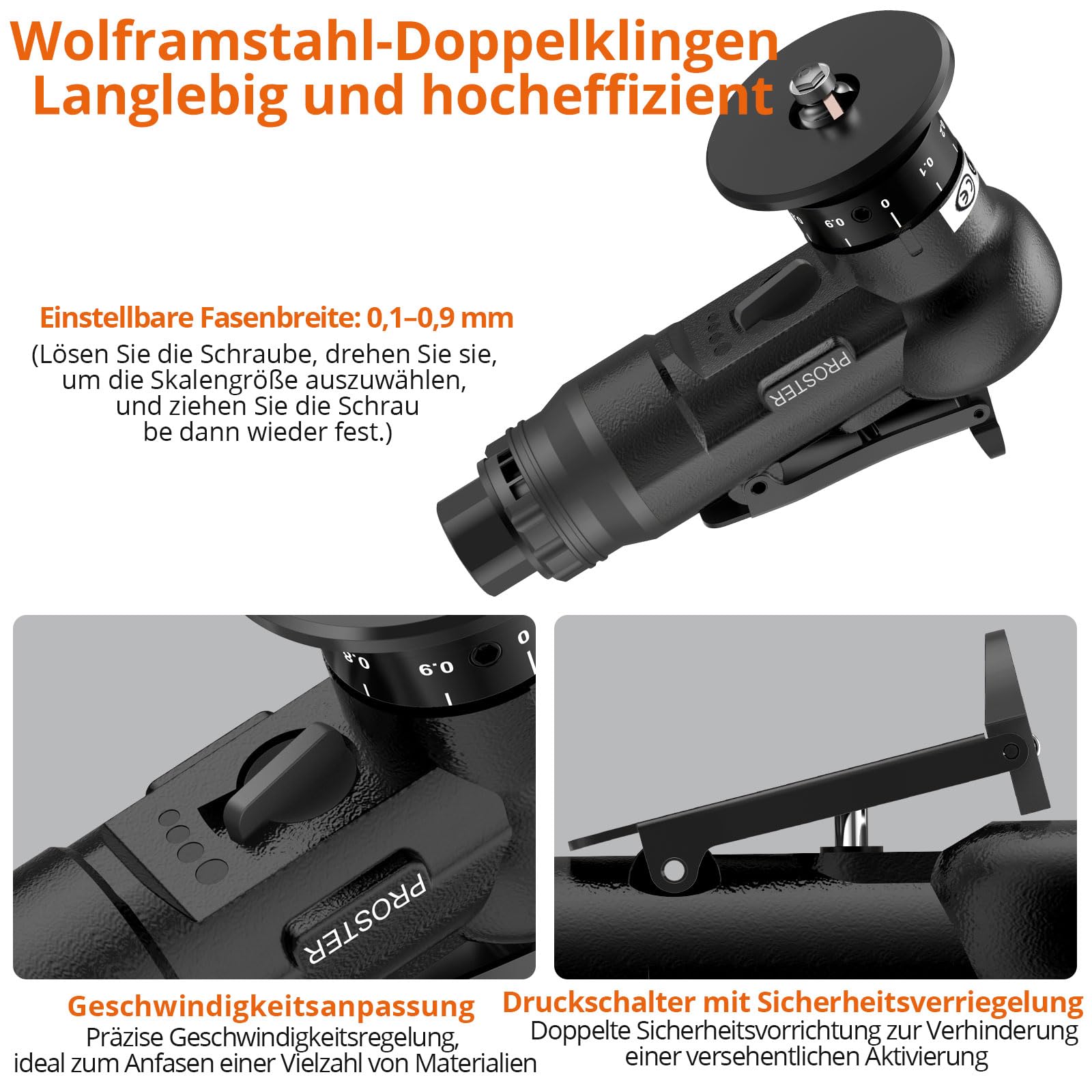 Proster Druckluft Anfasmaschine Pneumatisch Entgratwerkzeug – Präzise Fasen & Entgraten von Metall, 30000 U/min Industrie Werkzeug, Dual-Kopf Fasenwerkzeug (Schwarz)