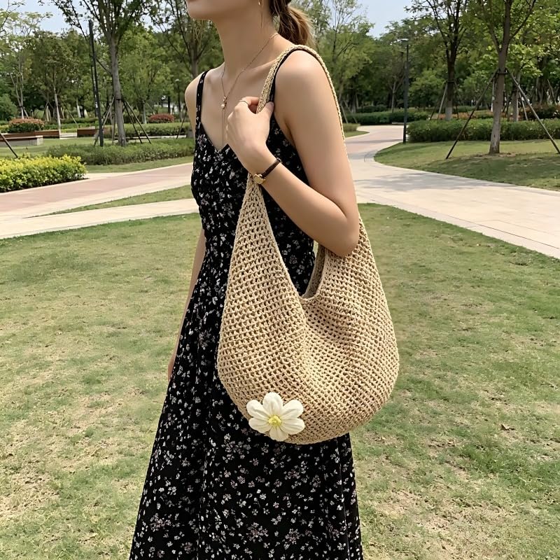 Bolso Tote de paja color sólido para mujer miniatura 2