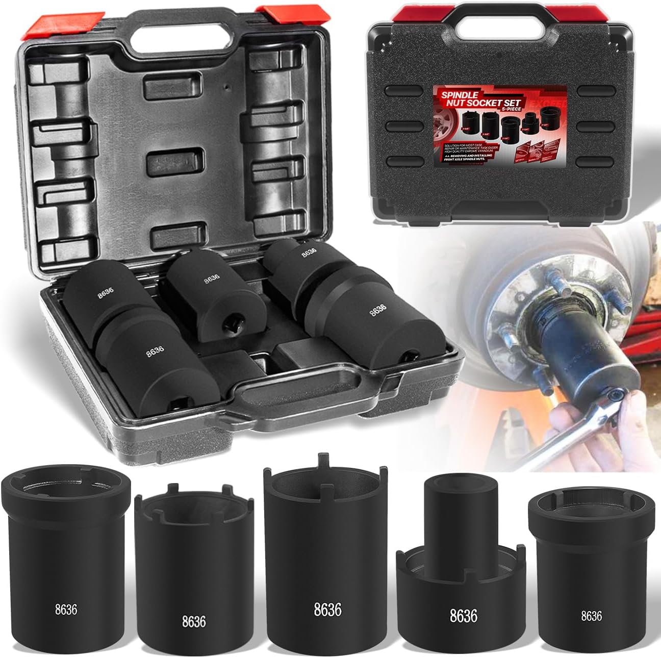 5 Pack Spindle Nut Socket Tool Kit, Axle Hub Lock Nut